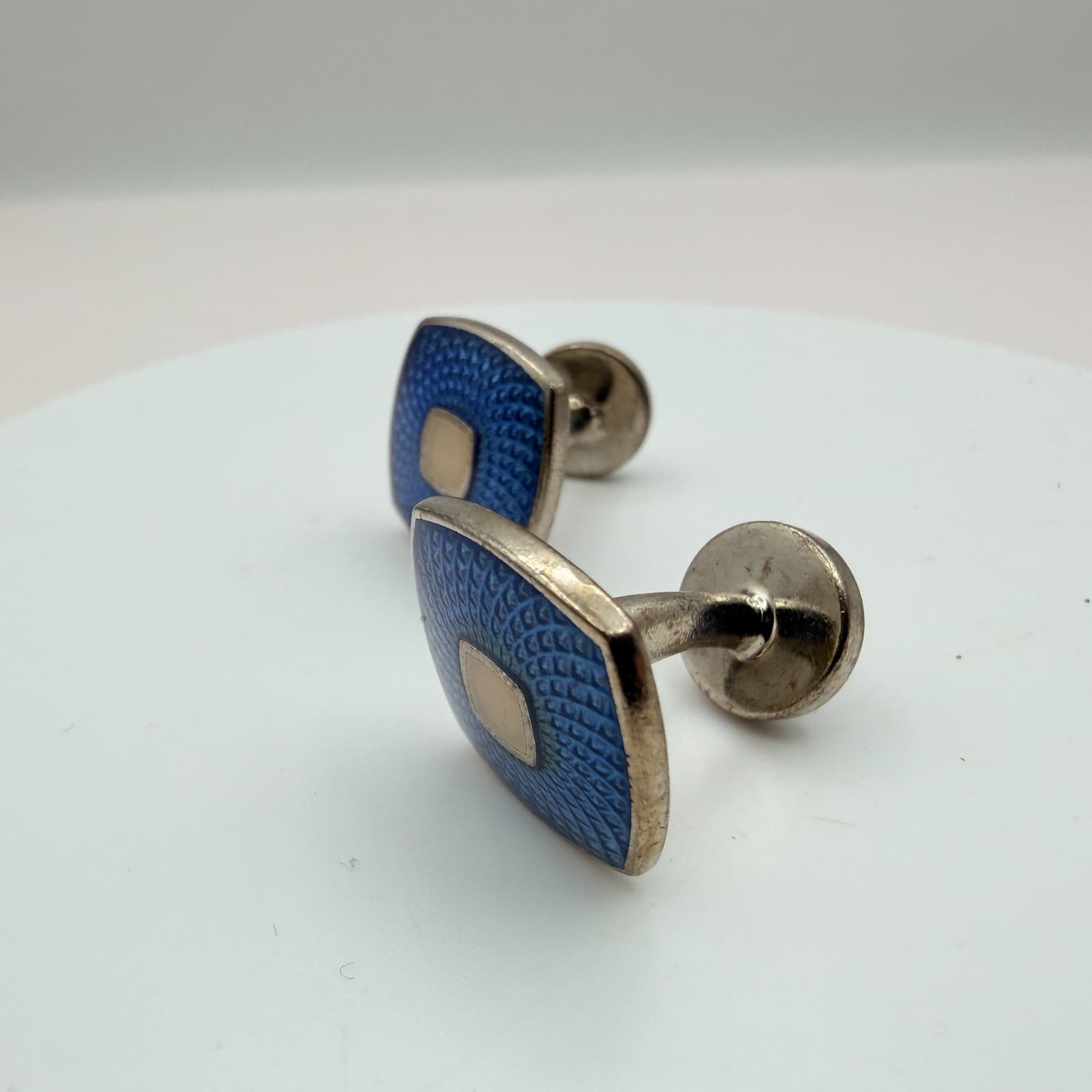 Vintage 90s Silver Tone Men Cufflink Stud Set Blue Red Enamel Jewelry - Thumbnail 6