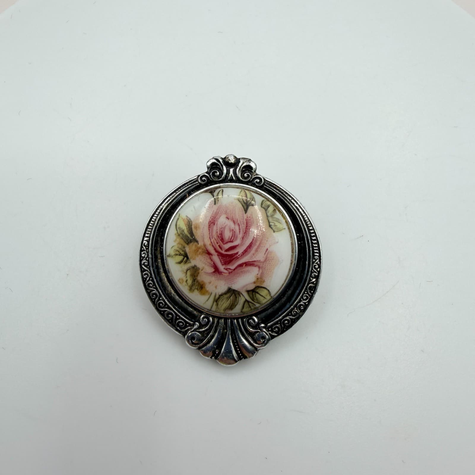 Vintage 80s SilverTone Scarf Clip Pink Rose Floral Glass Cabochon Boho Accessory - Thumbnail 3