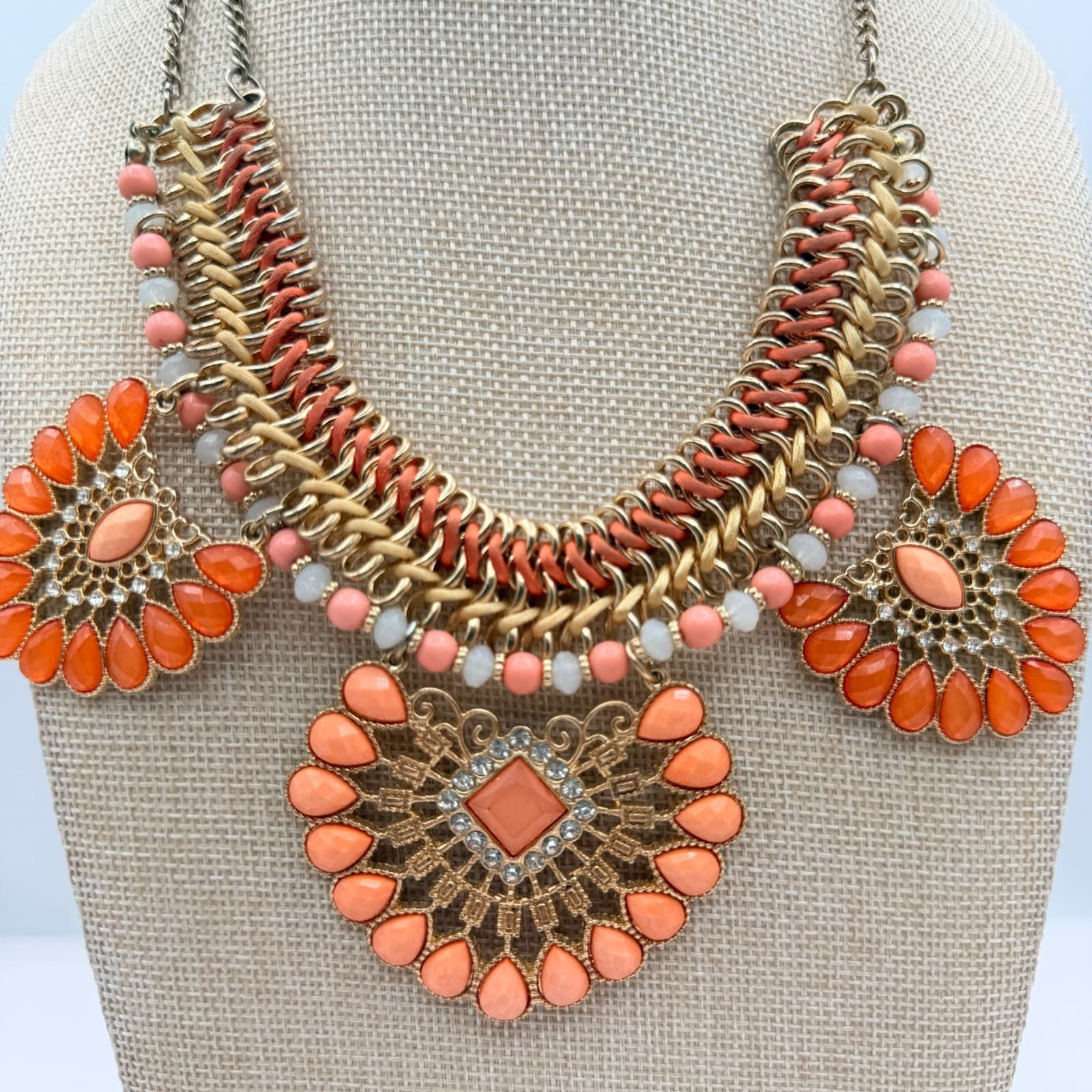 Vintage 90s Statement Necklace Orange Glass Stone Gold Tone Bib Necklace Boho - Thumbnail 2