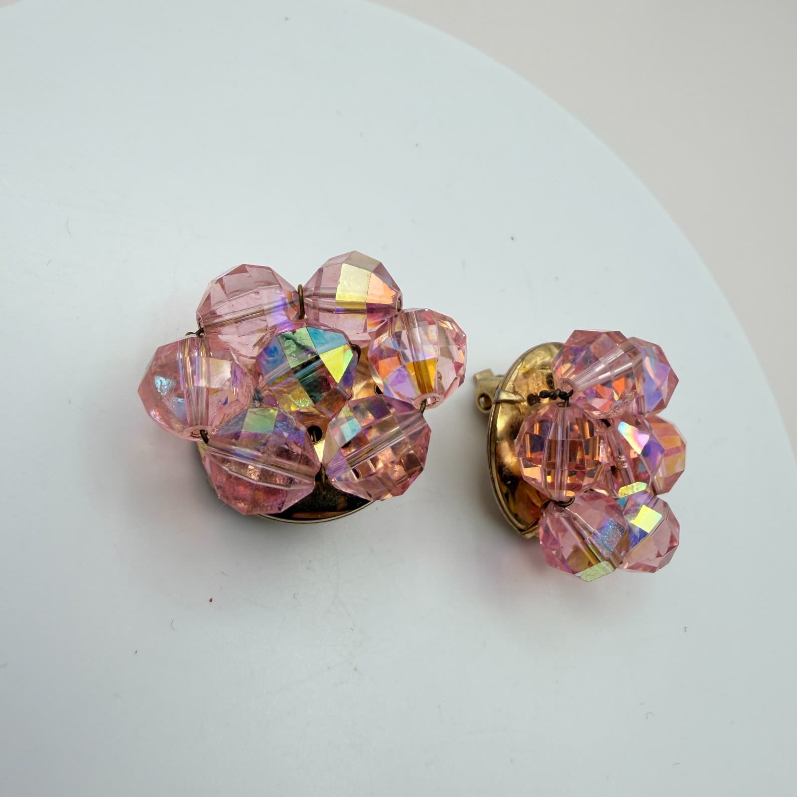 Vintage 90s Pink Glass Cluster Stud Earrings Set Faceted Beaded Women's Jewelry - Thumbnail 5
