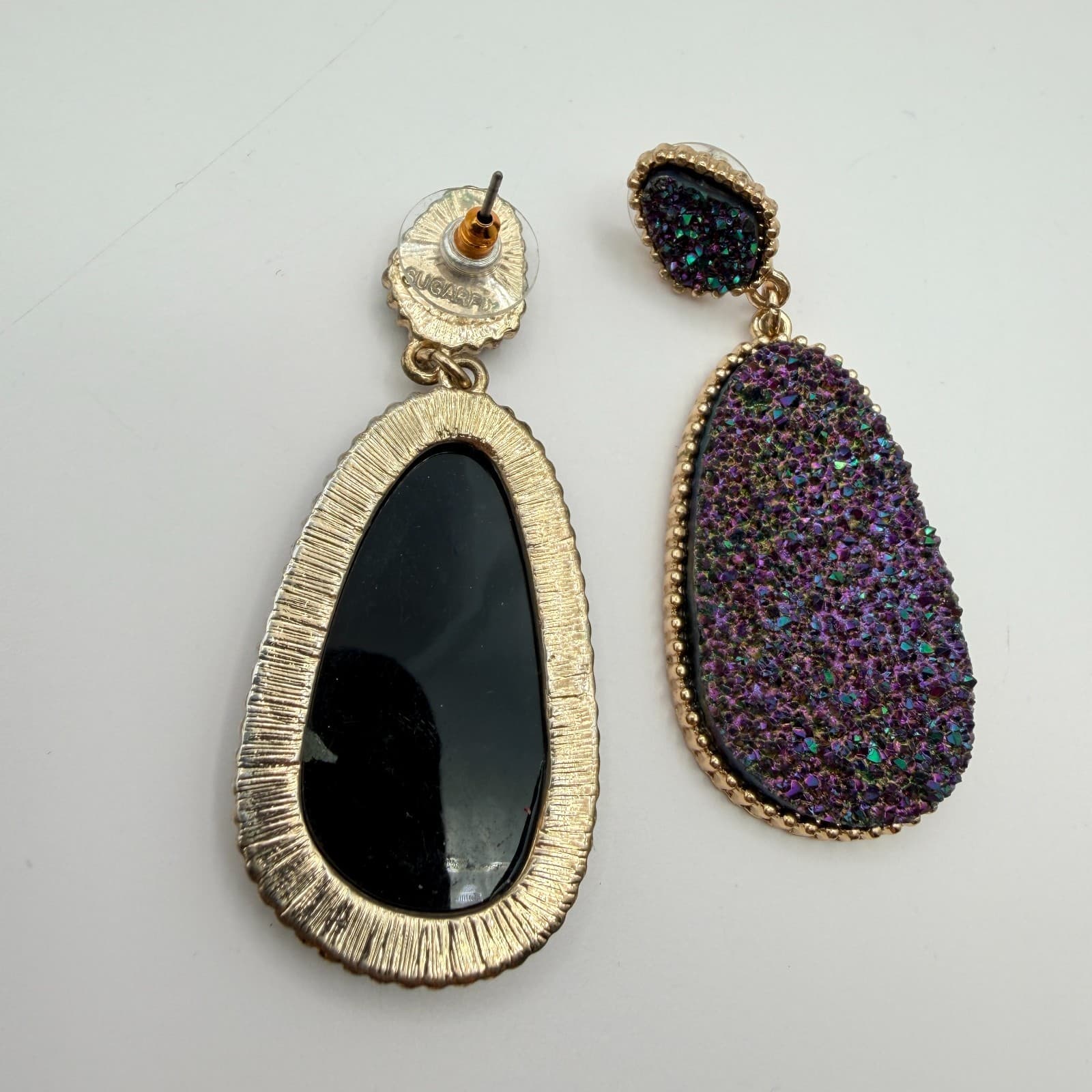 Vintage 90s Emerald Green Druzy Geometric Dangle Earrings Glass Accents Jewelry - Thumbnail 10