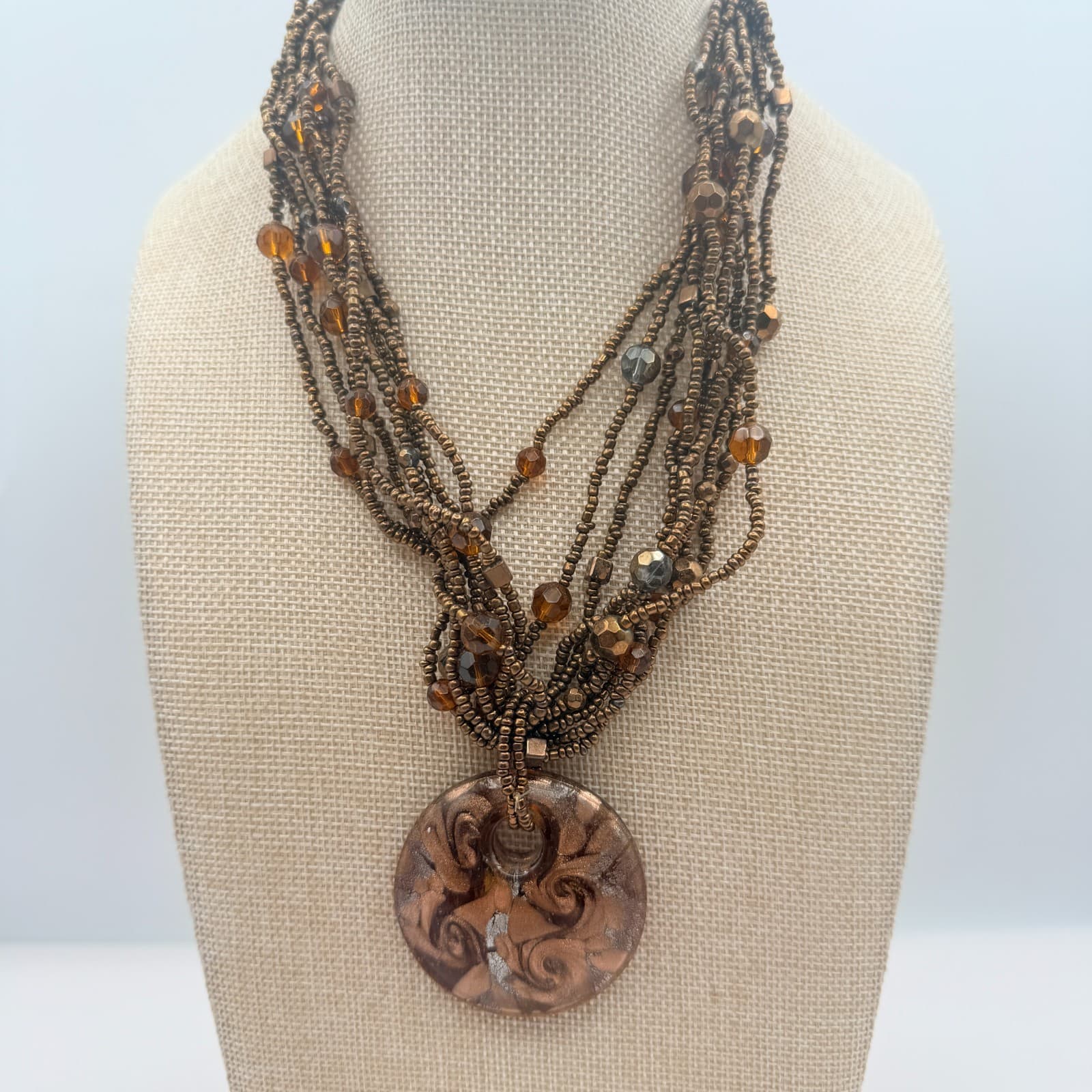 Vintage Y2K Multi Strand Seed Beaded Pendant Necklace Statement Women's Jewelry - Thumbnail 2