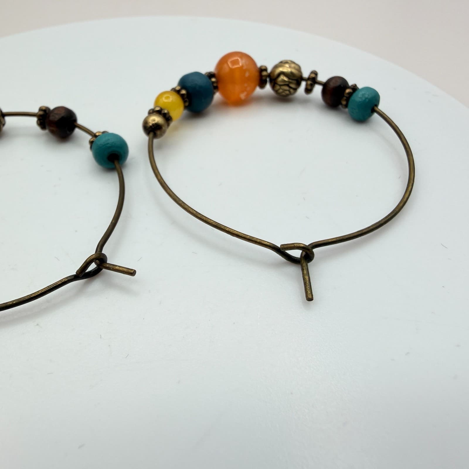 Vintage 90s Bronze Tone Hoop Earrings Beaded Boho Retro Fashion Women's Jewelry - Thumbnail 5