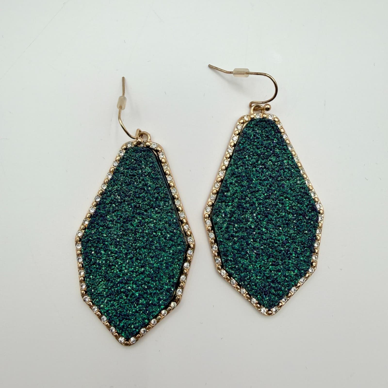 Vintage 90s Emerald Green Druzy Geometric Dangle Earrings Glass Accents Jewelry - Thumbnail 6