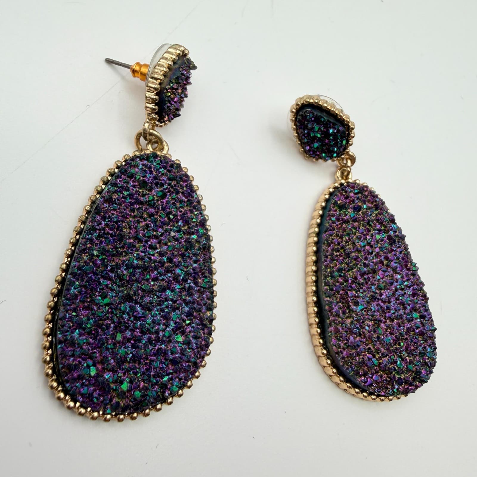 Vintage 90s Emerald Green Druzy Geometric Dangle Earrings Glass Accents Jewelry - Thumbnail 9