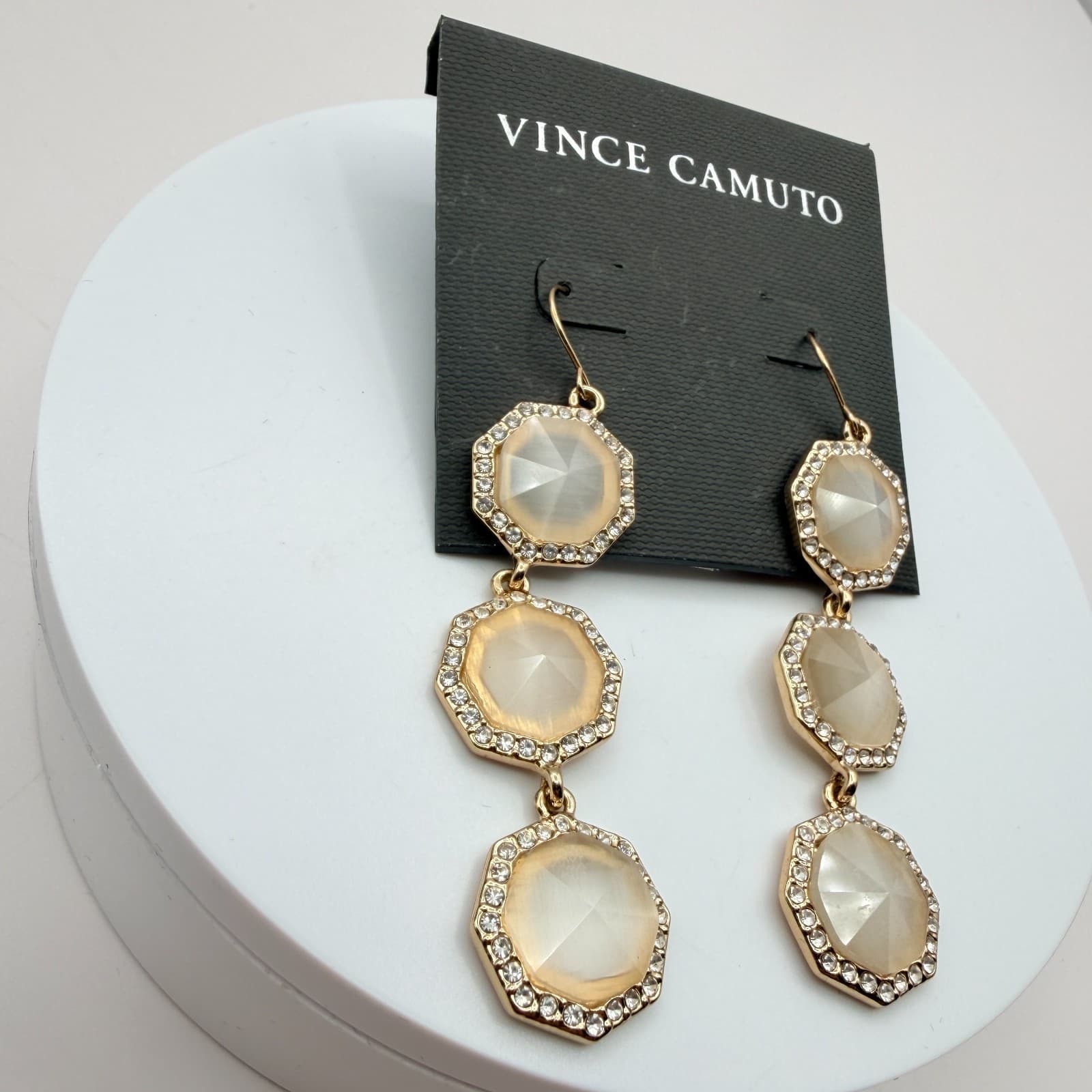 Vintage 90s Vince Camuto Gold Tone Champagne Glass Hexagon Dangle Drop Earrings - Thumbnail 4