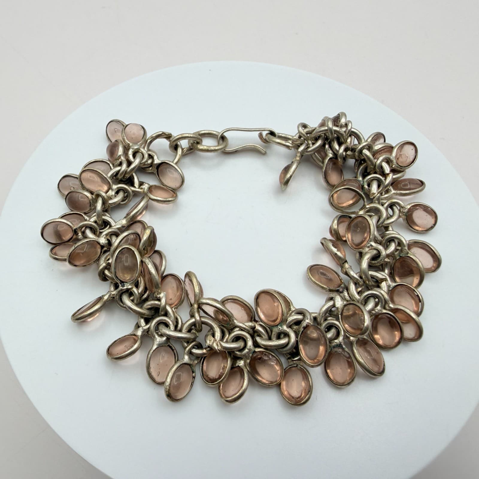 Vintage 50s Silver Tone Charm Bracelet Oval Pink Glass Cabochon Accents Jewelry - Thumbnail 7
