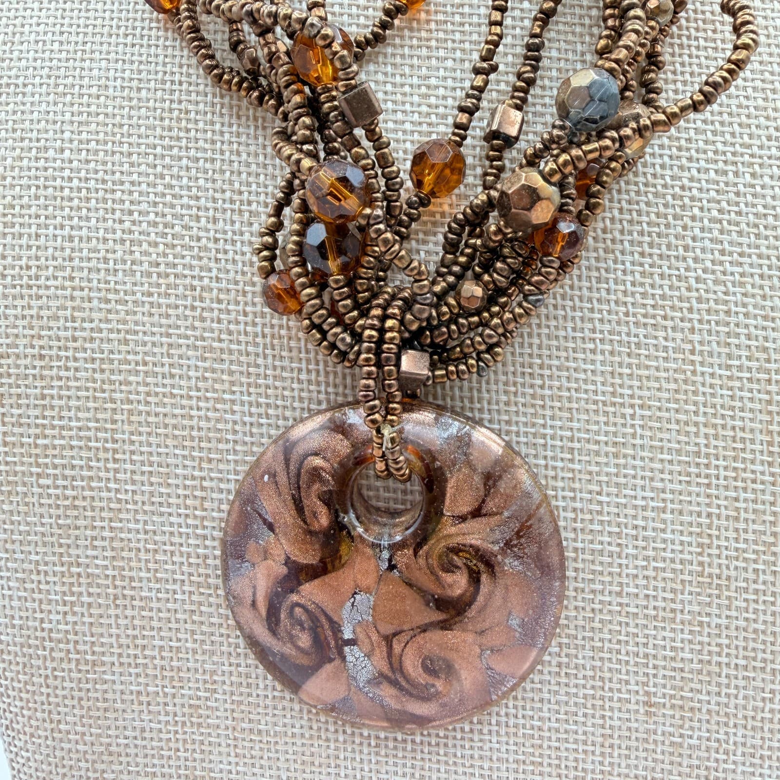 Vintage Y2K Multi Strand Seed Beaded Pendant Necklace Statement Women's Jewelry - Thumbnail 4