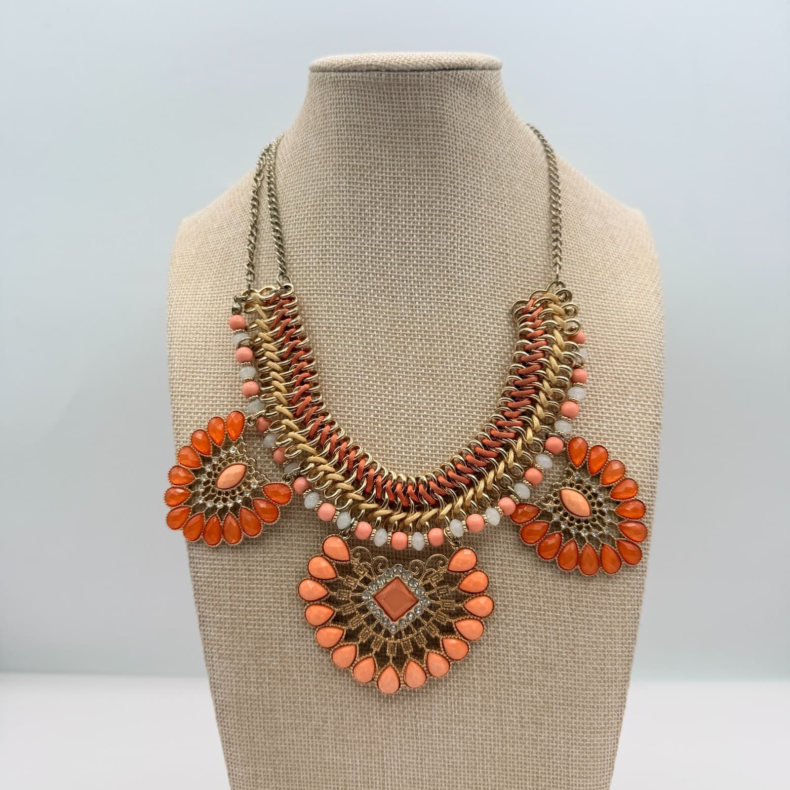 Vintage 90s Statement Necklace Orange Glass Stone Gold Tone Bib Necklace Boho - Thumbnail 6