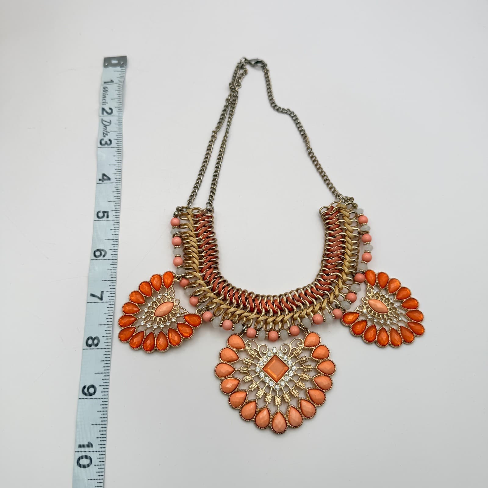 Vintage 90s Statement Necklace Orange Glass Stone Gold Tone Bib Necklace Boho - Thumbnail 10