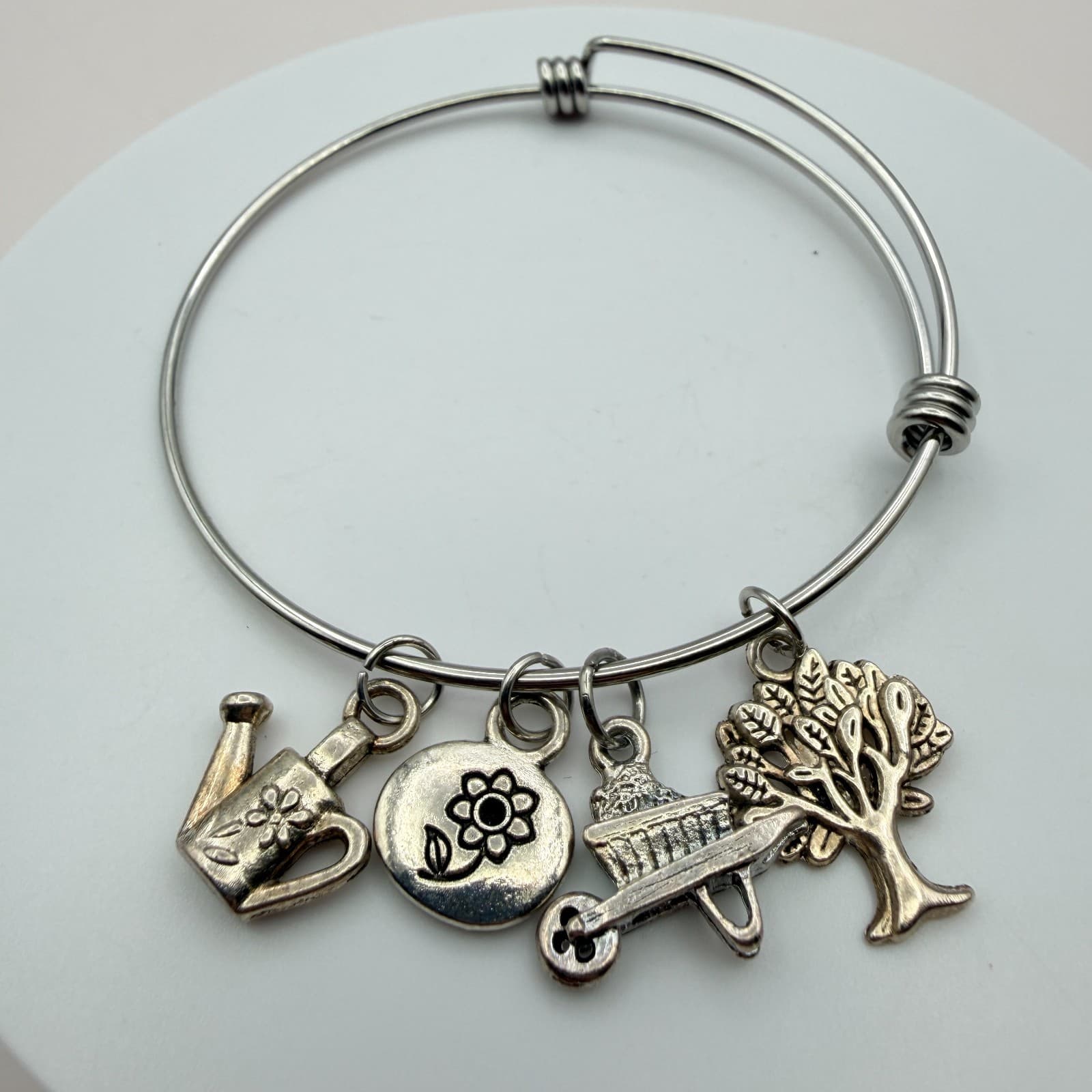 Vintage 90s Silver Tone Expandable Bracelet Featuring Gardening Charms Jewelry - Thumbnail 3