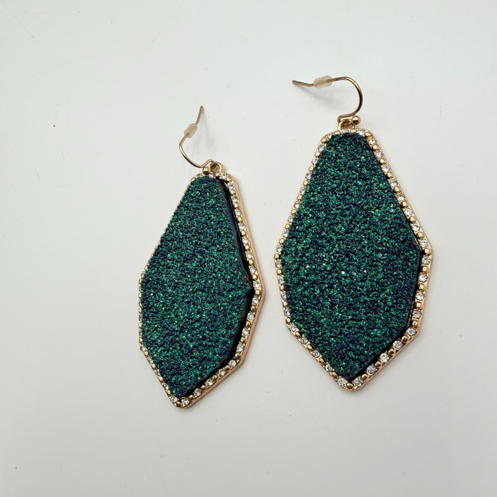 Vintage 90s Emerald Green Druzy Geometric Dangle Earrings Glass Accents Jewelry - Thumbnail 3