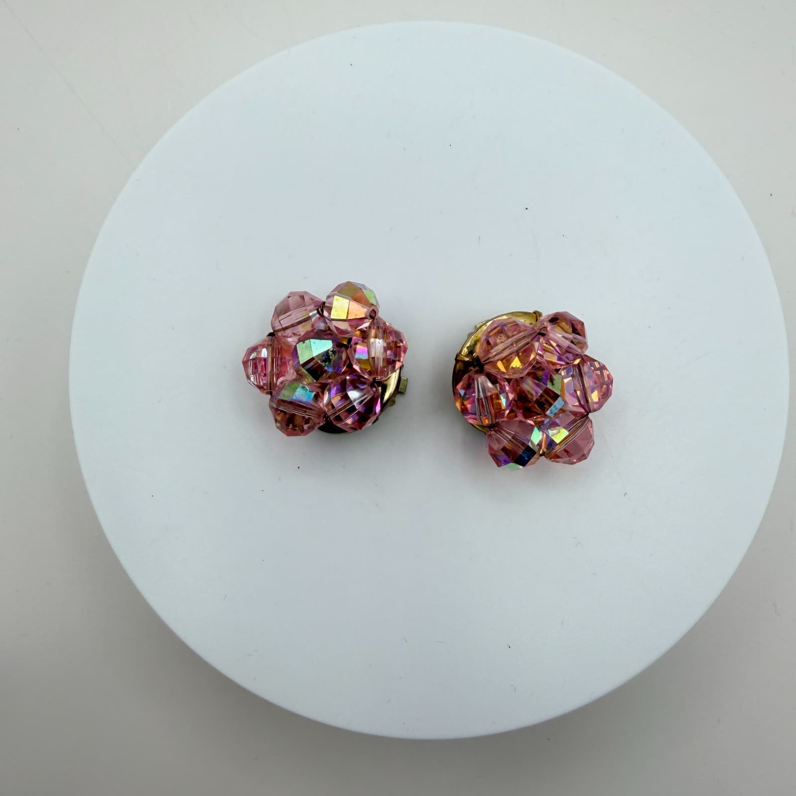 Vintage 90s Pink Glass Cluster Stud Earrings Set Faceted Beaded Women's Jewelry - Thumbnail 3