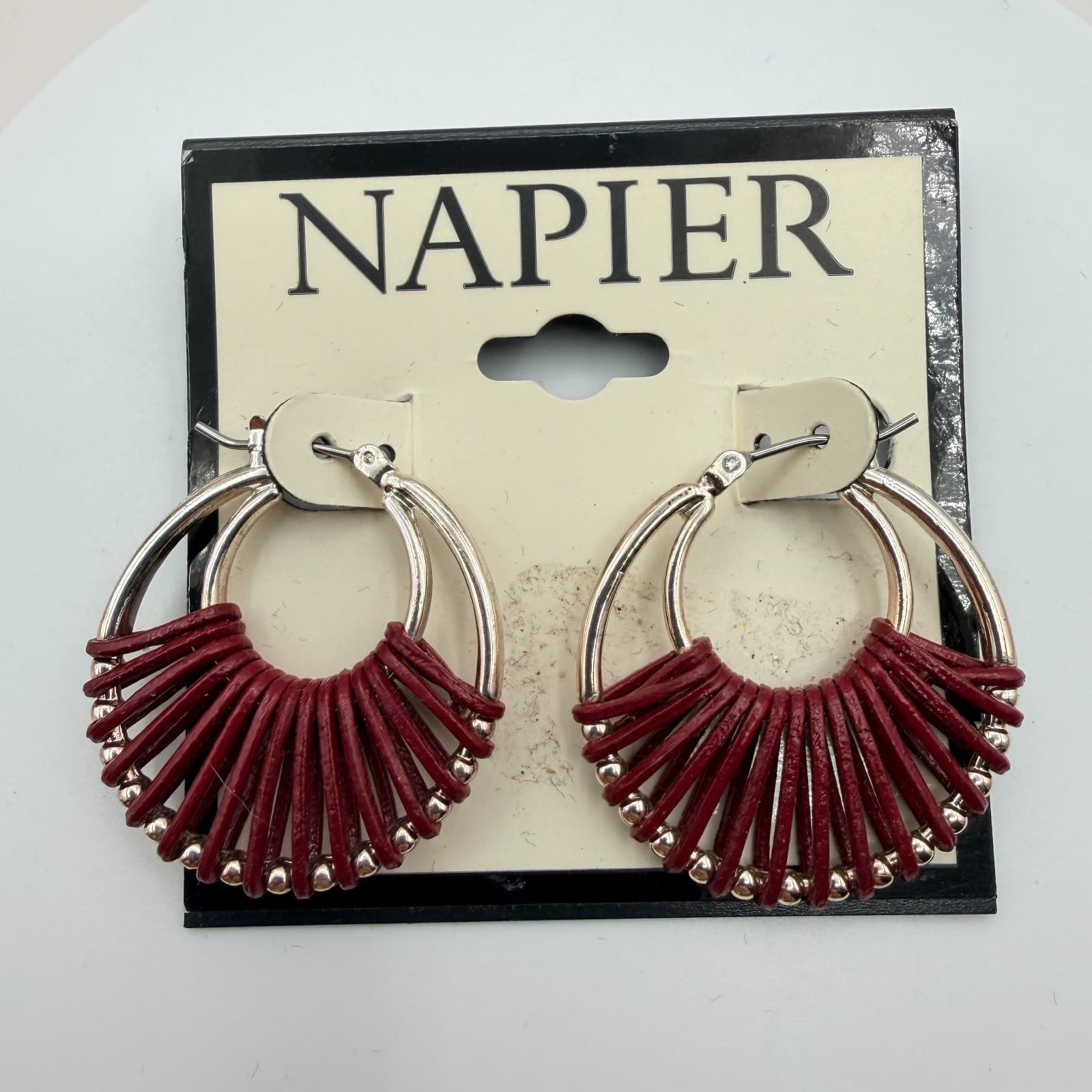 Vintage 90s Napier Silver Tone Hoop Earrings Red Leather Wrap Boho Jewelry - Image 1