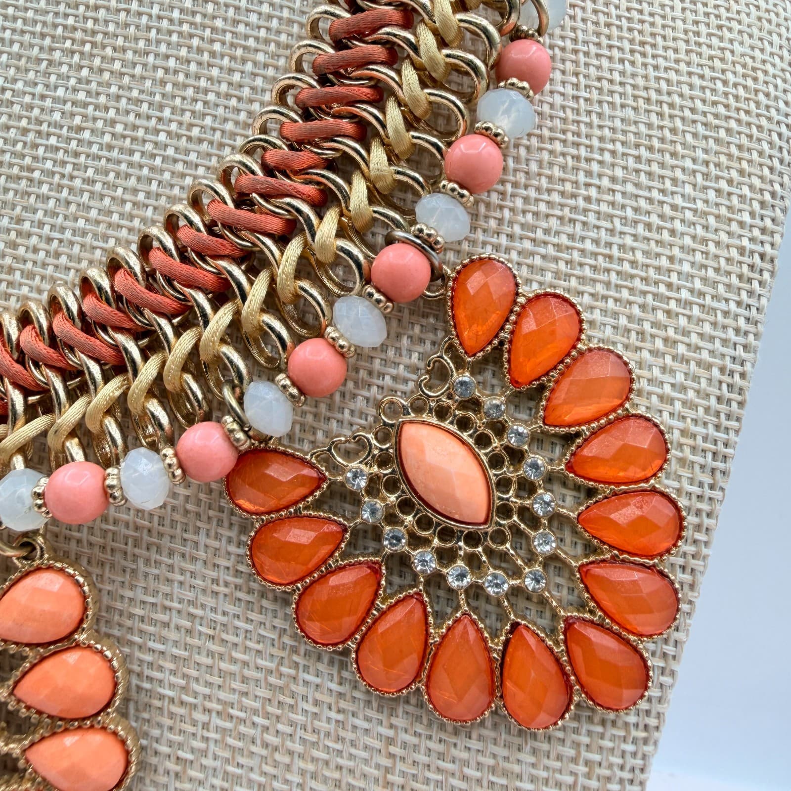 Vintage 90s Statement Necklace Orange Glass Stone Gold Tone Bib Necklace Boho - Thumbnail 7