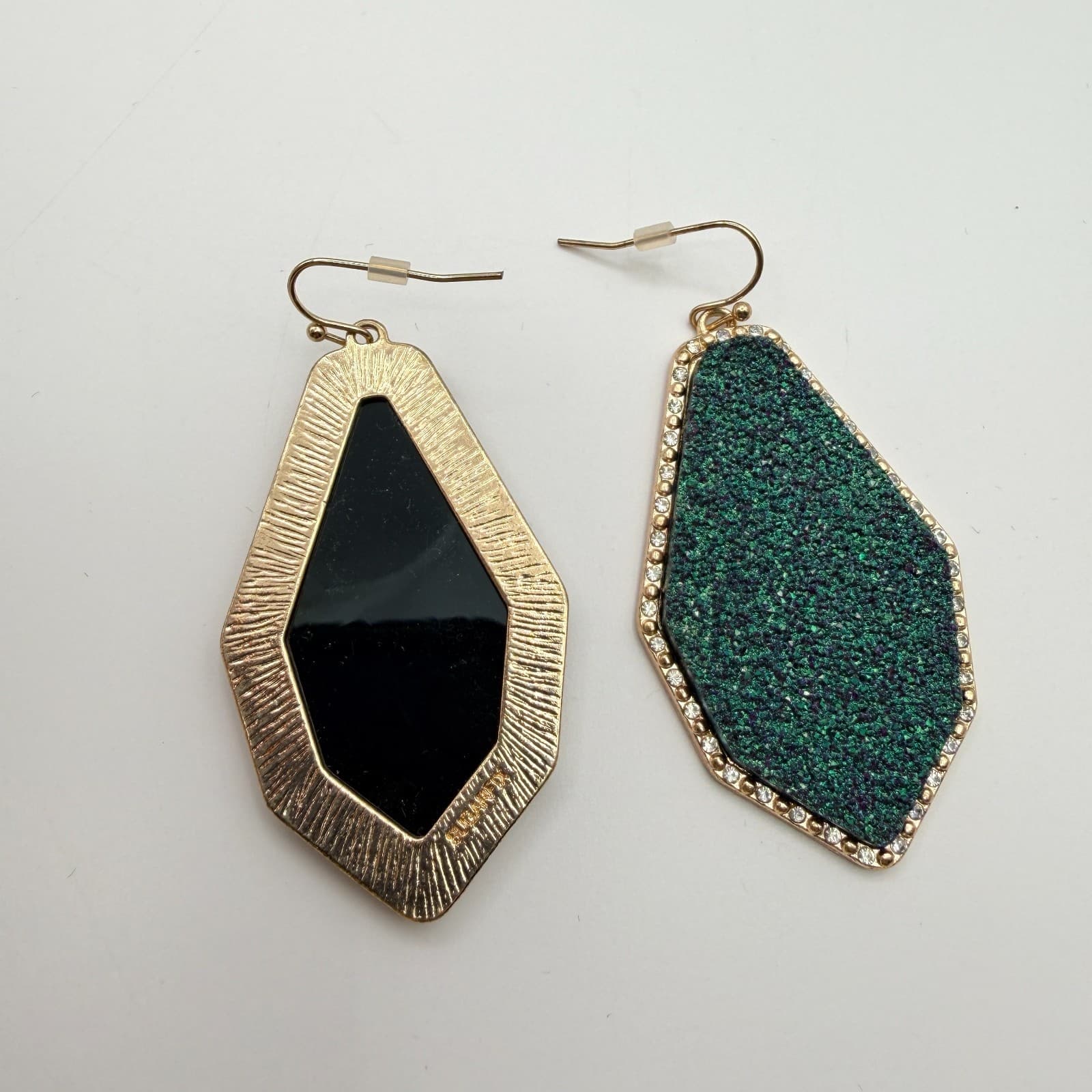 Vintage 90s Emerald Green Druzy Geometric Dangle Earrings Glass Accents Jewelry - Thumbnail 12