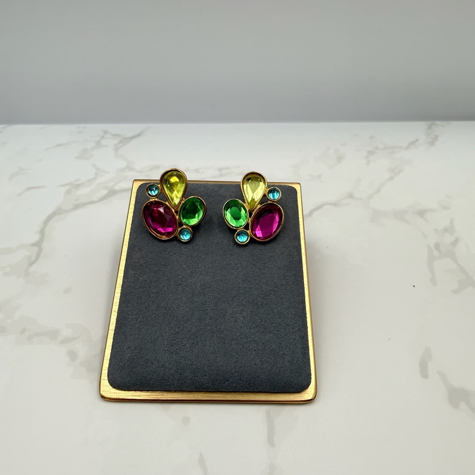 Vintage Womens Gold Tone Multicolored Rhinestone Clip On Beauty Stud Earrings - Thumbnail 2