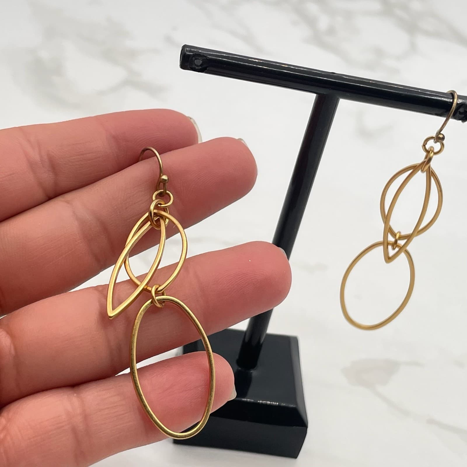 Vintage Gold-Tone Geometric Marquise Link Dangle Drop Earrings Oval For Women - Thumbnail 3