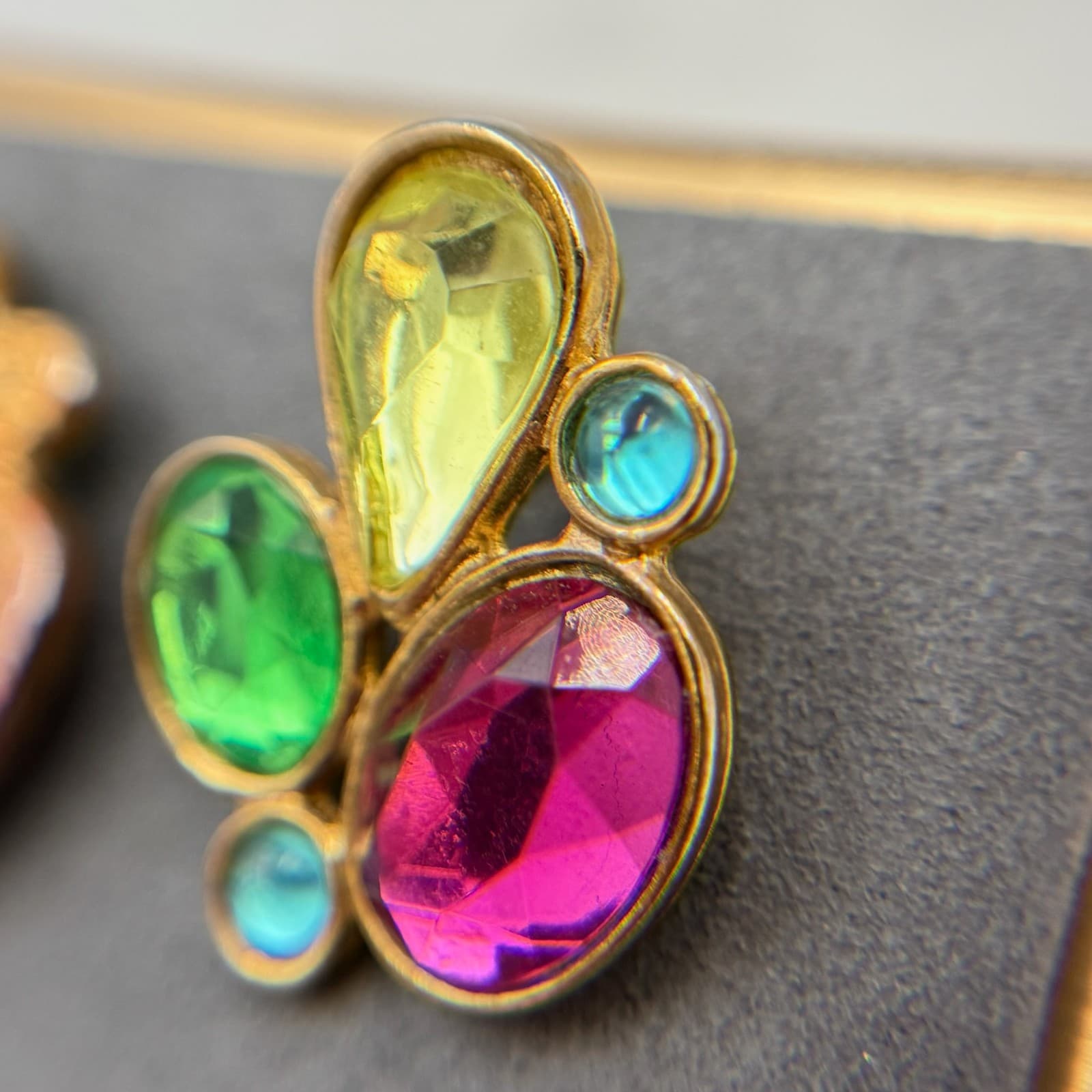 Vintage Womens Gold Tone Multicolored Rhinestone Clip On Beauty Stud Earrings - Thumbnail 6
