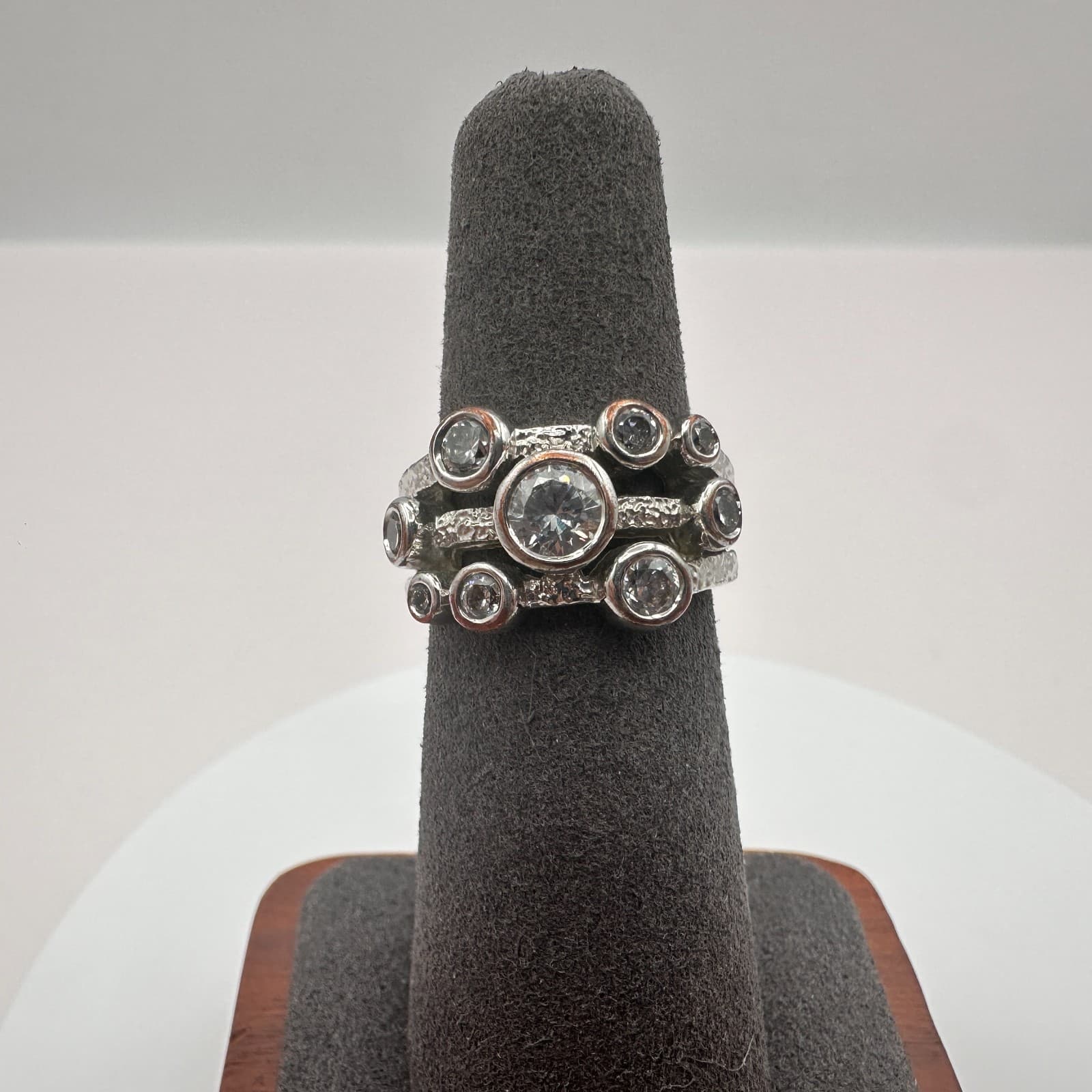 Vintage 80s Silver Tone Bub Cluster Ring Raindance Style Bezel Statement Jewelry - Image 1