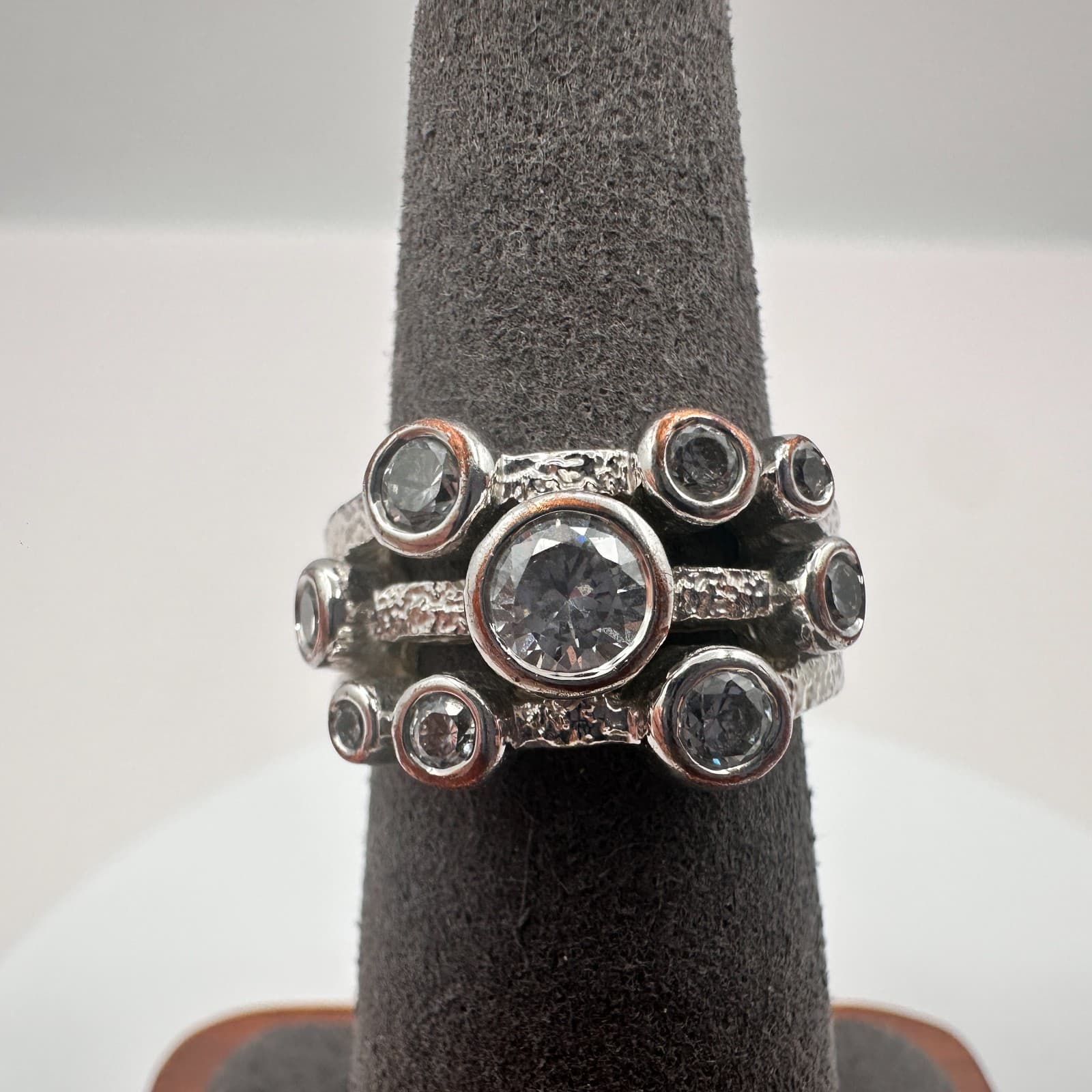 Vintage 80s Silver Tone Bub Cluster Ring Raindance Style Bezel Statement Jewelry - Thumbnail 2