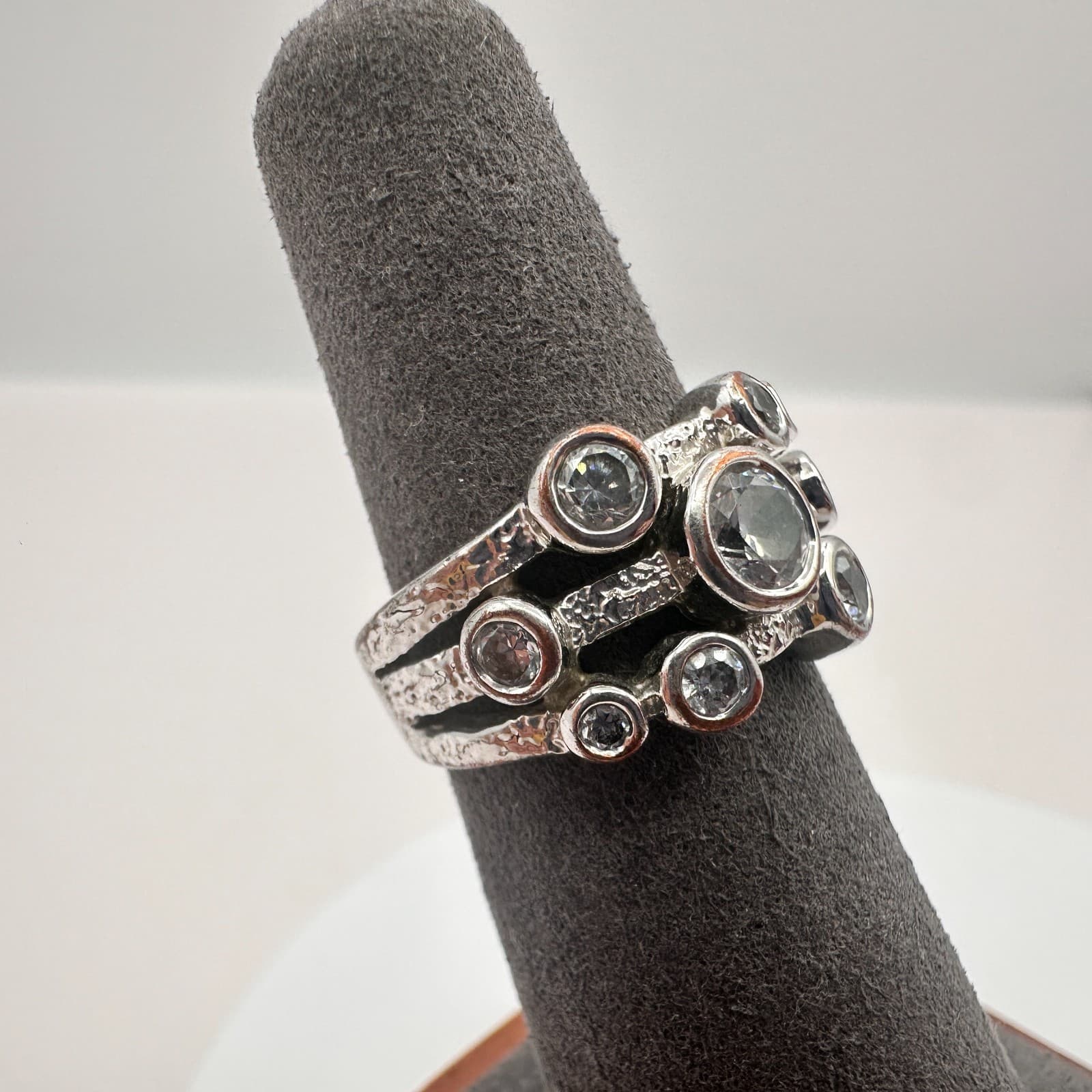 Vintage 80s Silver Tone Bub Cluster Ring Raindance Style Bezel Statement Jewelry - Thumbnail 3