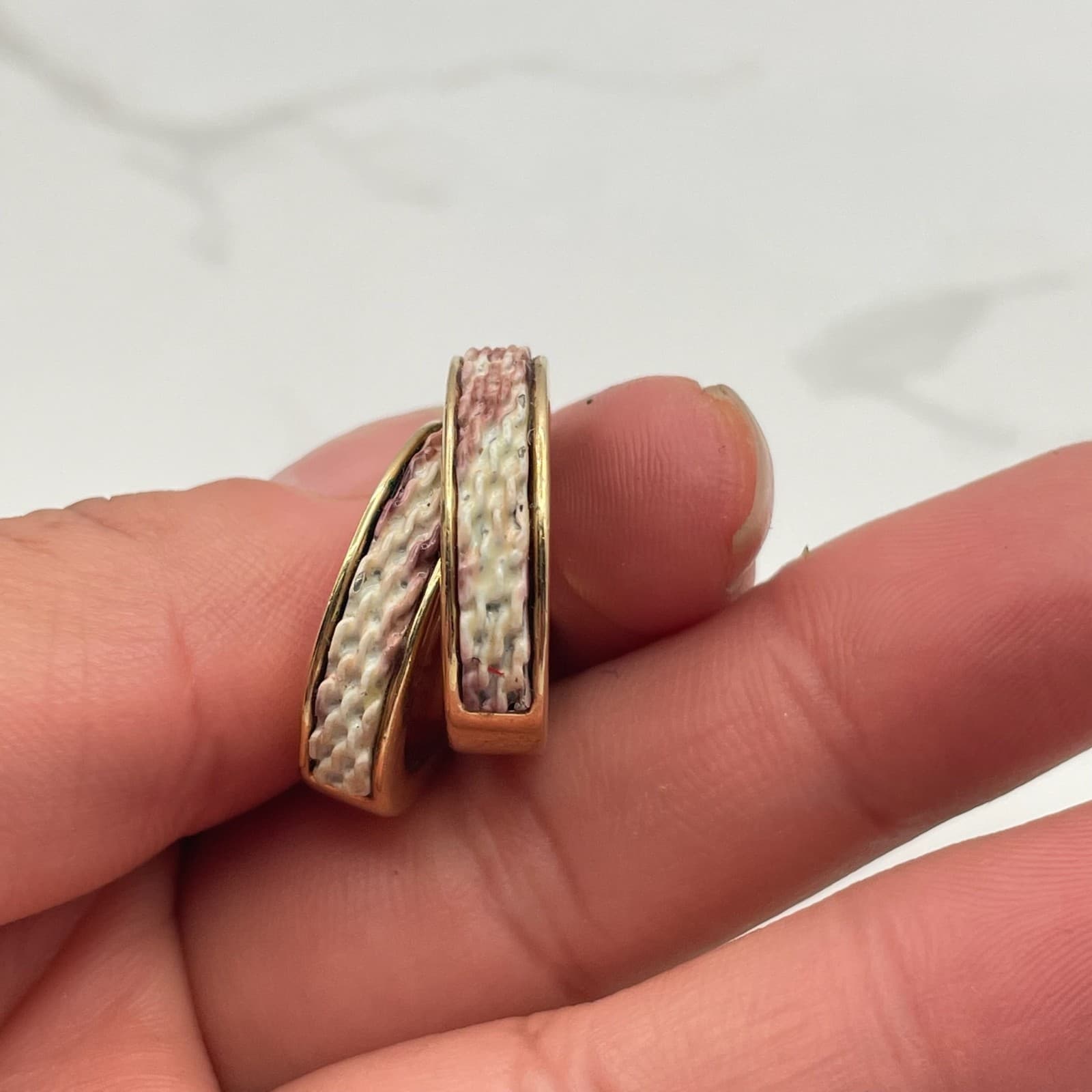 Vintage Gold-Tone Hoop Earrings with Woven-Style Enamel Detail Snap Closure - Thumbnail 9