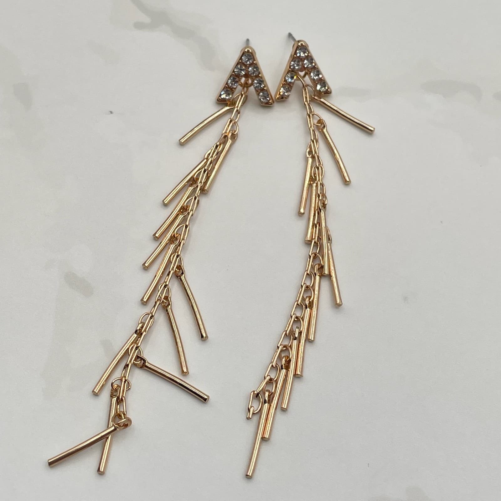 Vintage Gold-Tone Linear Landmark Fringe Post Earrings with Rhinestones Fashion - Thumbnail 12