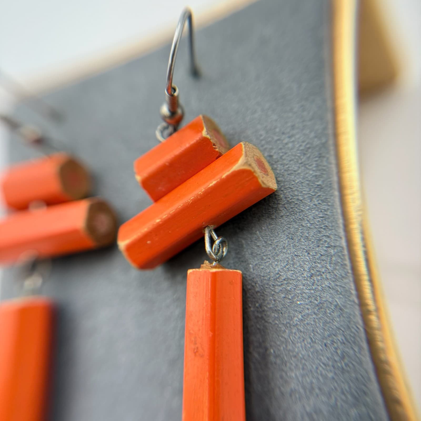 Vintage Miniature Upcycled Wooden Orange Coloring Pencils Dangle Hook Earrings - Thumbnail 5