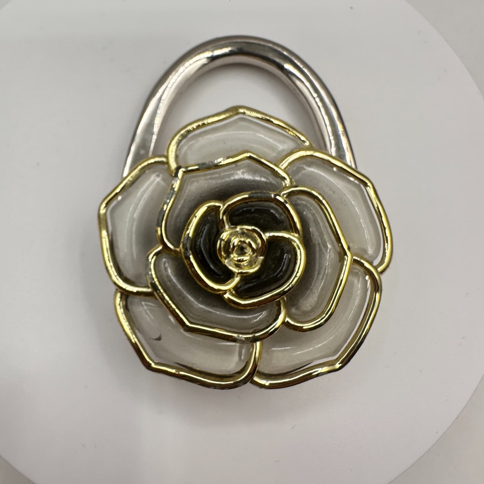 Vintage 90s Rose Purse Hook Silver Tone White & Gold Enamel Floral Bag Hanger - Image 1