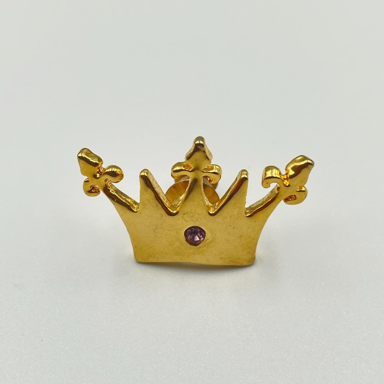 Vintage Modern Gold Tone Crown Lapel Pin Brooch Single Purple Stone Fleur-de-lis - Thumbnail 2