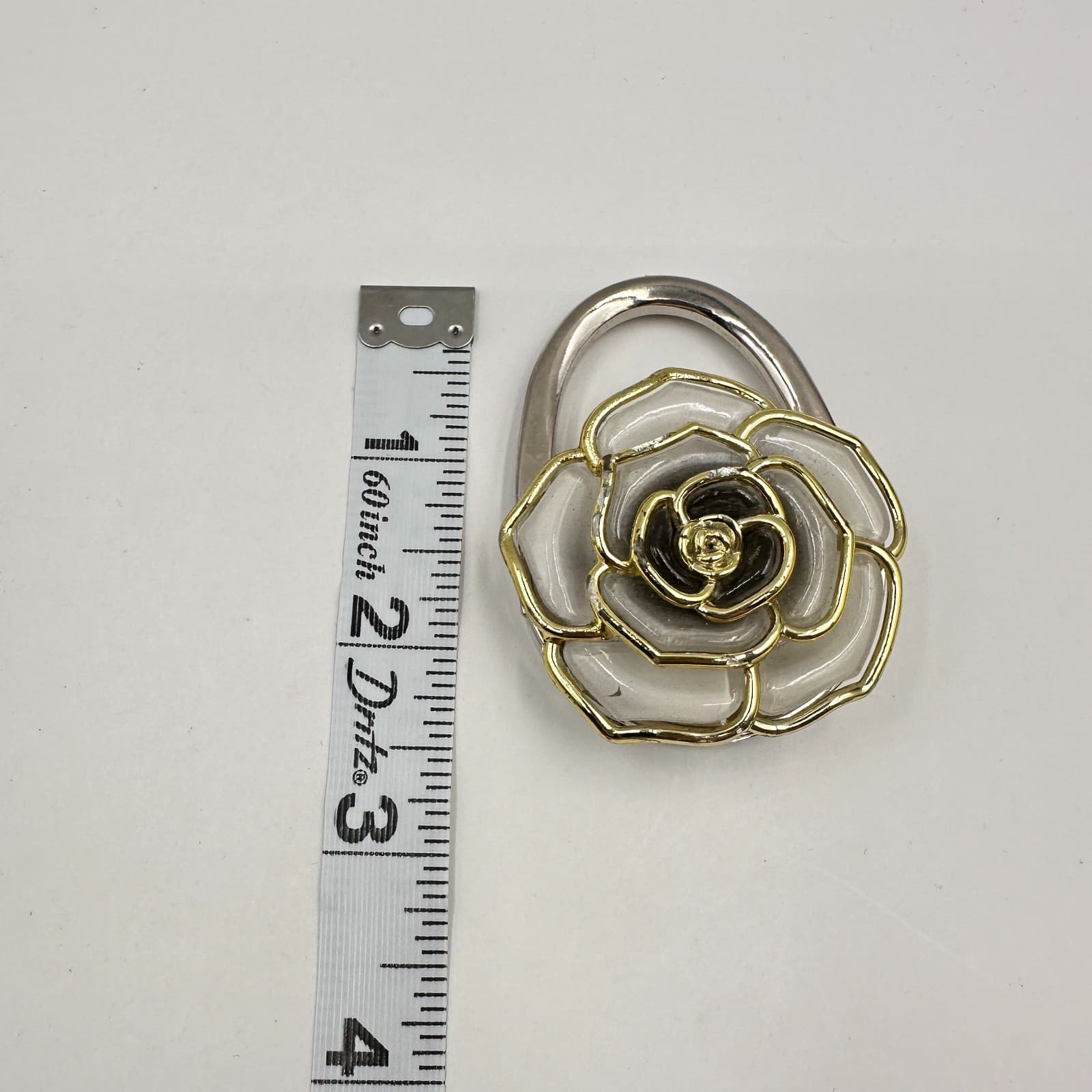 Vintage 90s Rose Purse Hook Silver Tone White & Gold Enamel Floral Bag Hanger - Thumbnail 7