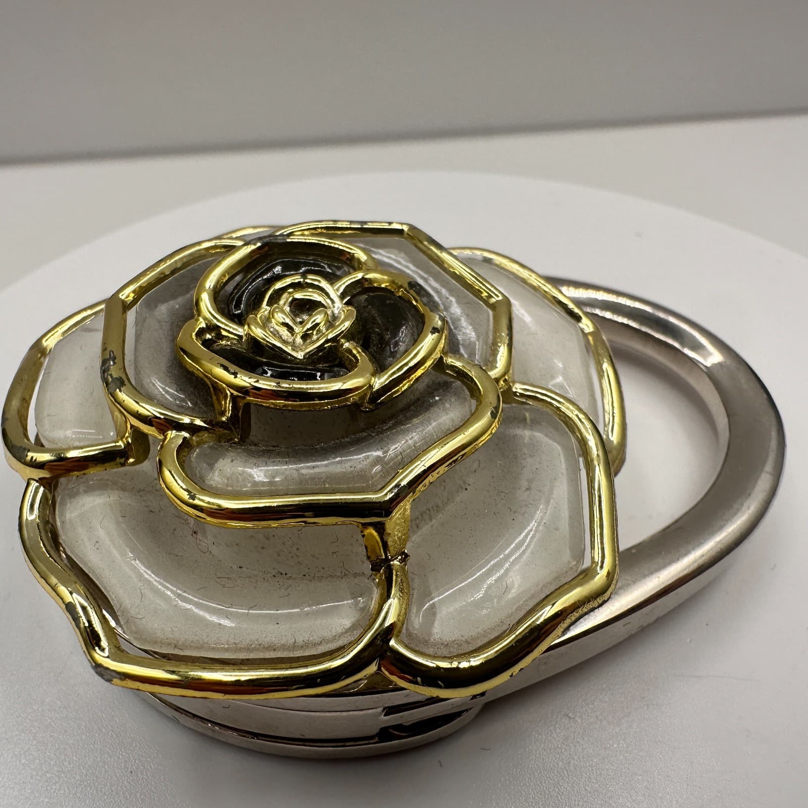 Vintage 90s Rose Purse Hook Silver Tone White & Gold Enamel Floral Bag Hanger - Thumbnail 3