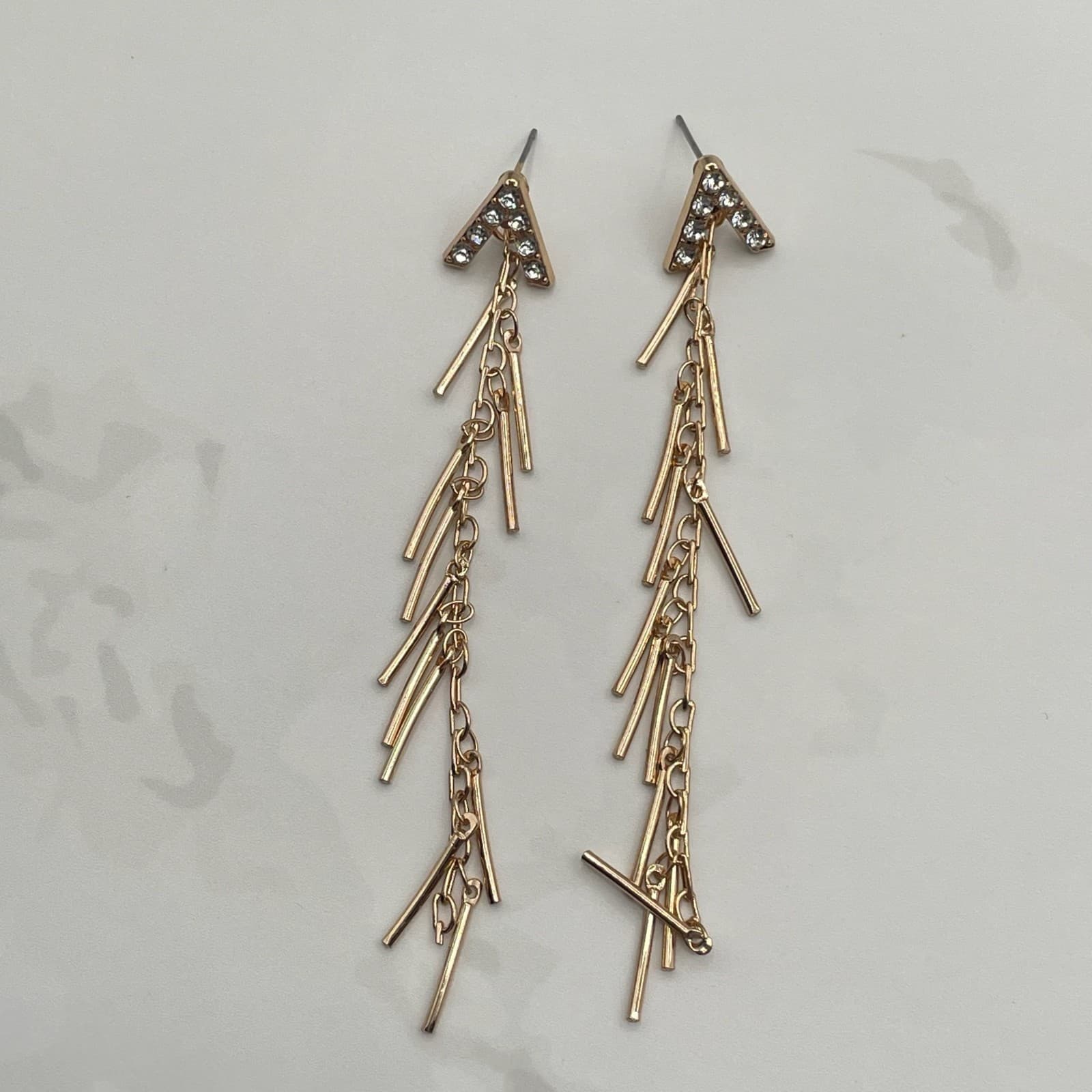 Vintage Gold-Tone Linear Landmark Fringe Post Earrings with Rhinestones Fashion - Thumbnail 3
