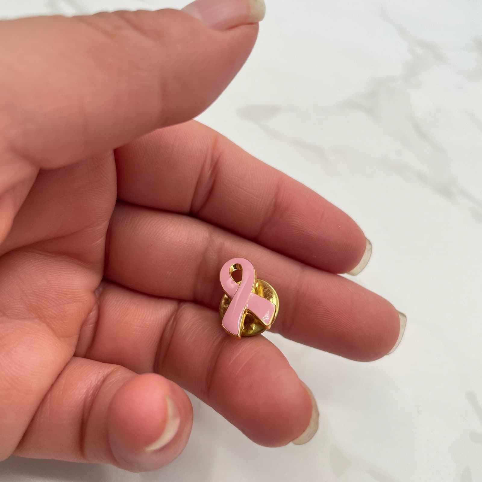 Vintage Breast Cancer Awareness Ribbon Lapel Pin Pink Enamel Gold Tone Butterfly - Thumbnail 2