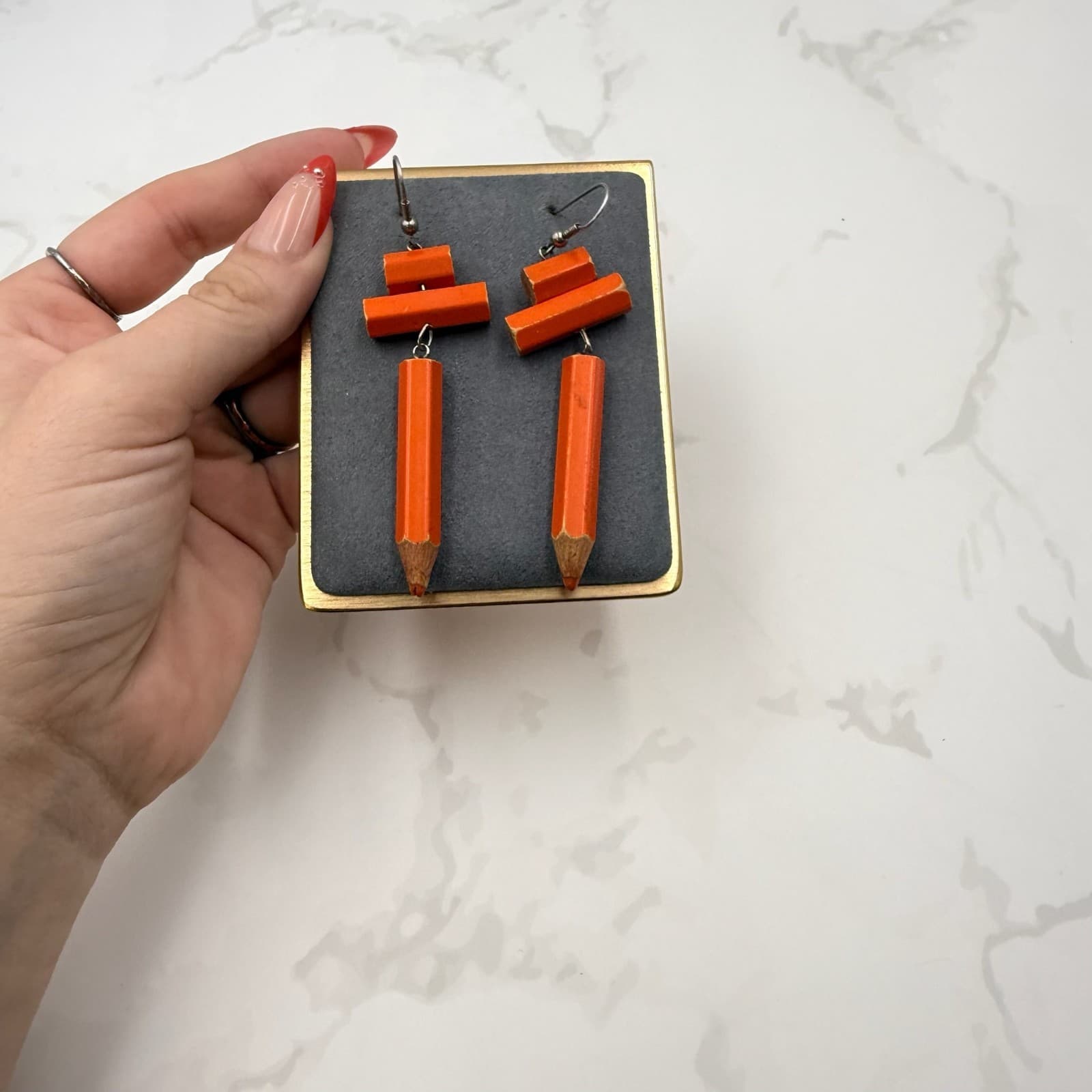 Vintage Miniature Upcycled Wooden Orange Coloring Pencils Dangle Hook Earrings - Thumbnail 7