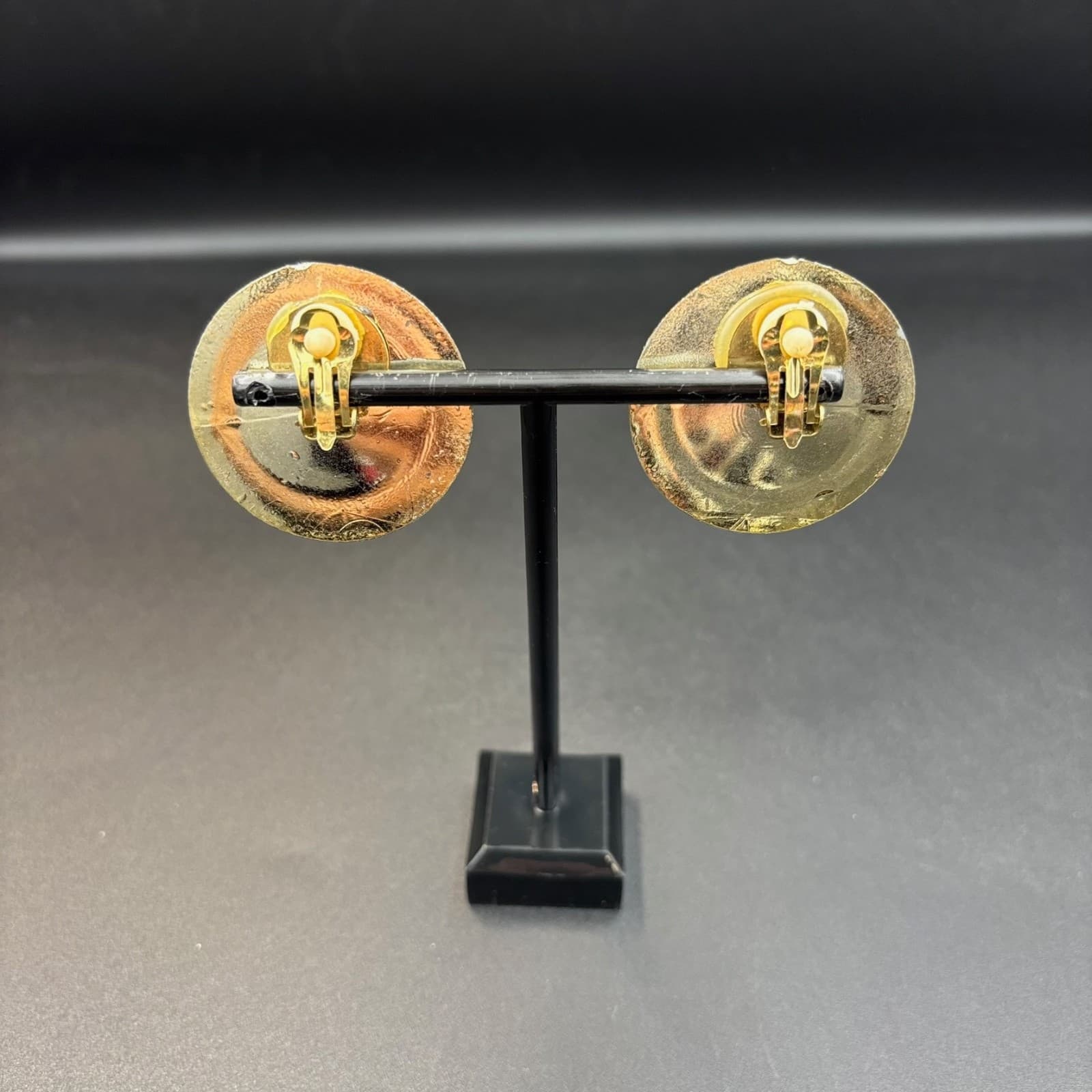 Vintage Red Cabochon Stone Mechanism Gold-Tone Clip-On Earrings for Women Chunky - Thumbnail 2