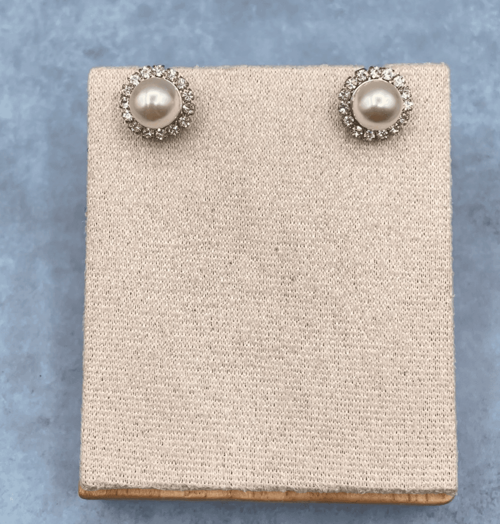 Vintage Classic Faux Pearl Clear Rhinestone Halo Silver Tone Post Back Stud - Image 1
