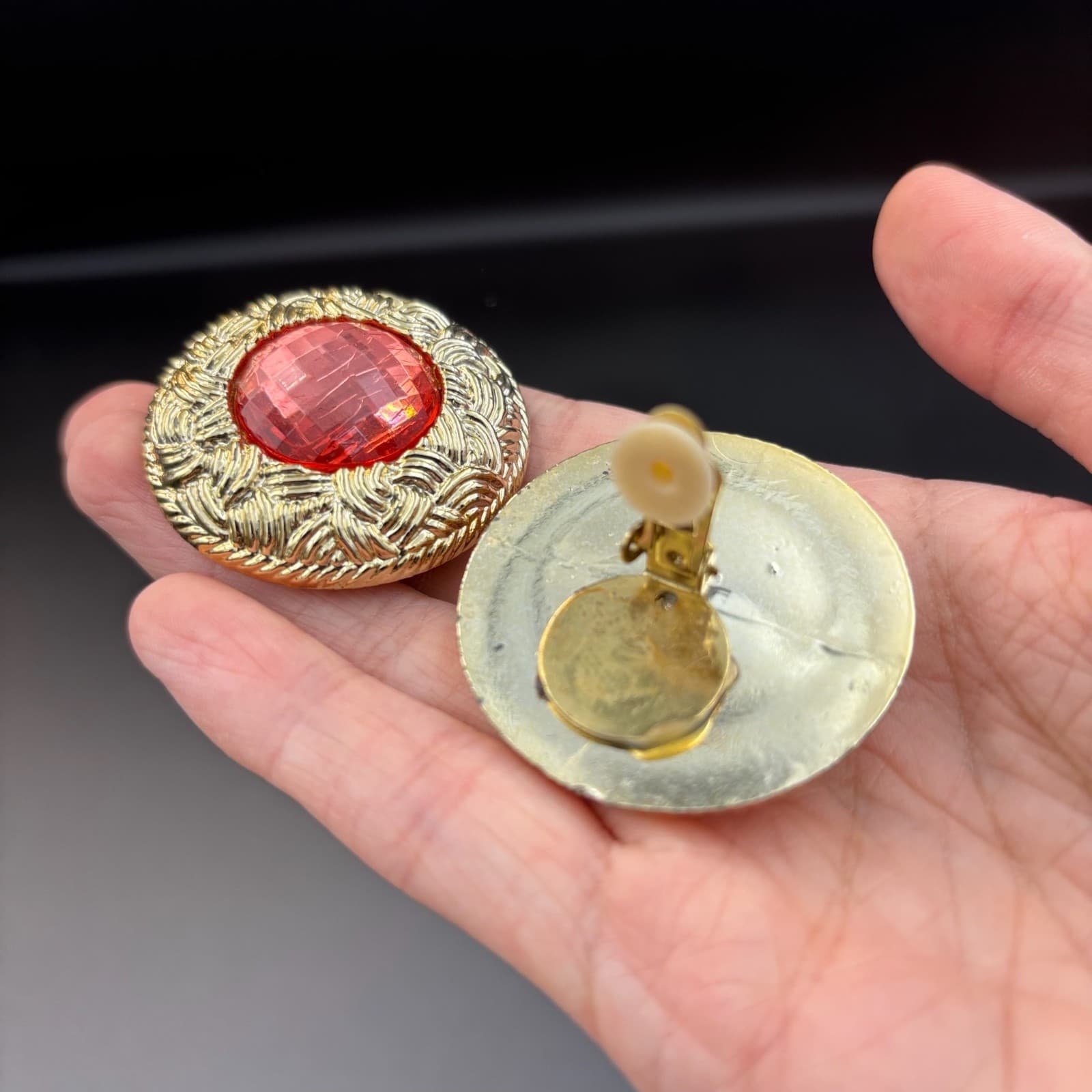 Vintage Red Cabochon Stone Mechanism Gold-Tone Clip-On Earrings for Women Chunky - Thumbnail 10