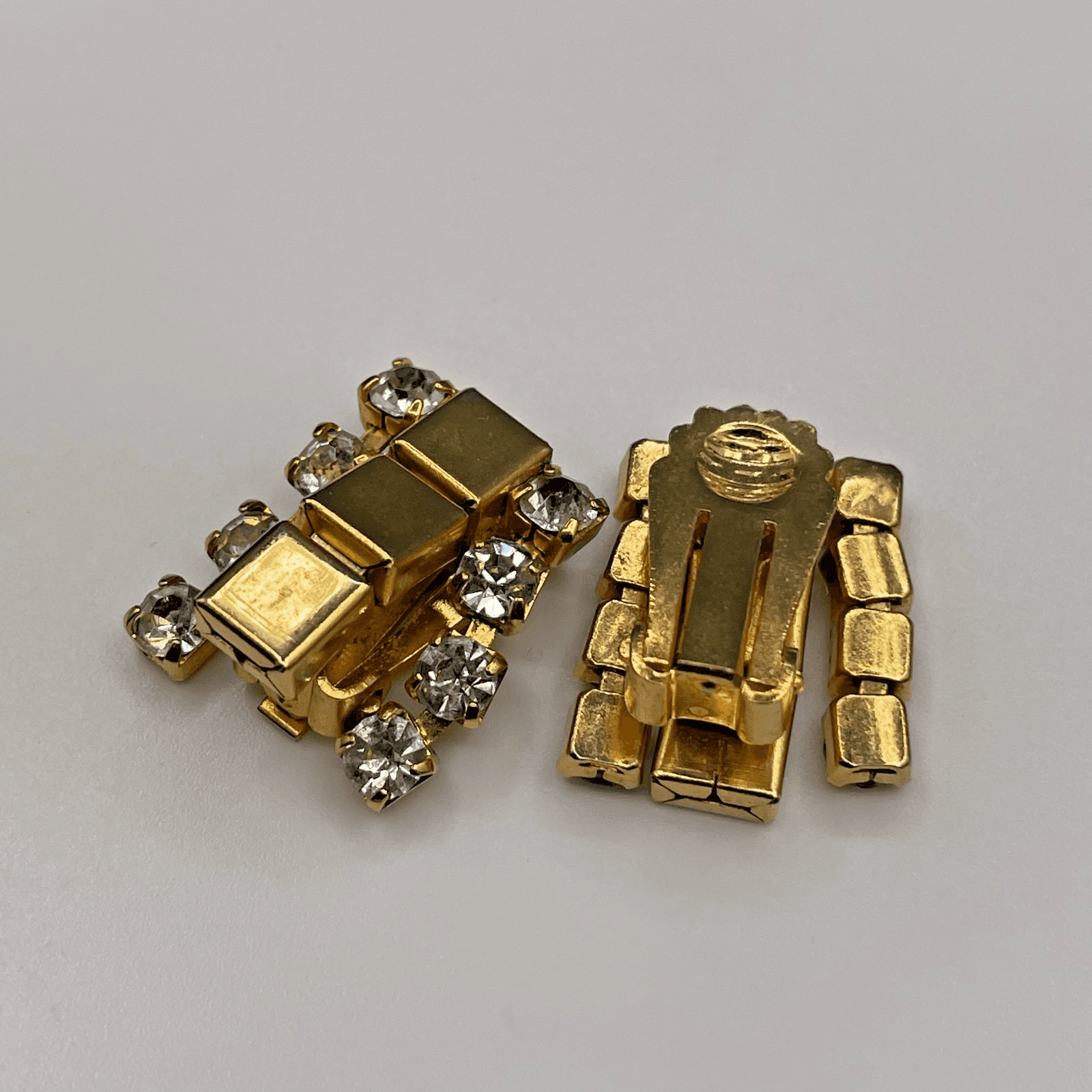 Vintage Deco Style Rectangular Shape Goldtone Rhinestone Clip Earrings - Thumbnail 4
