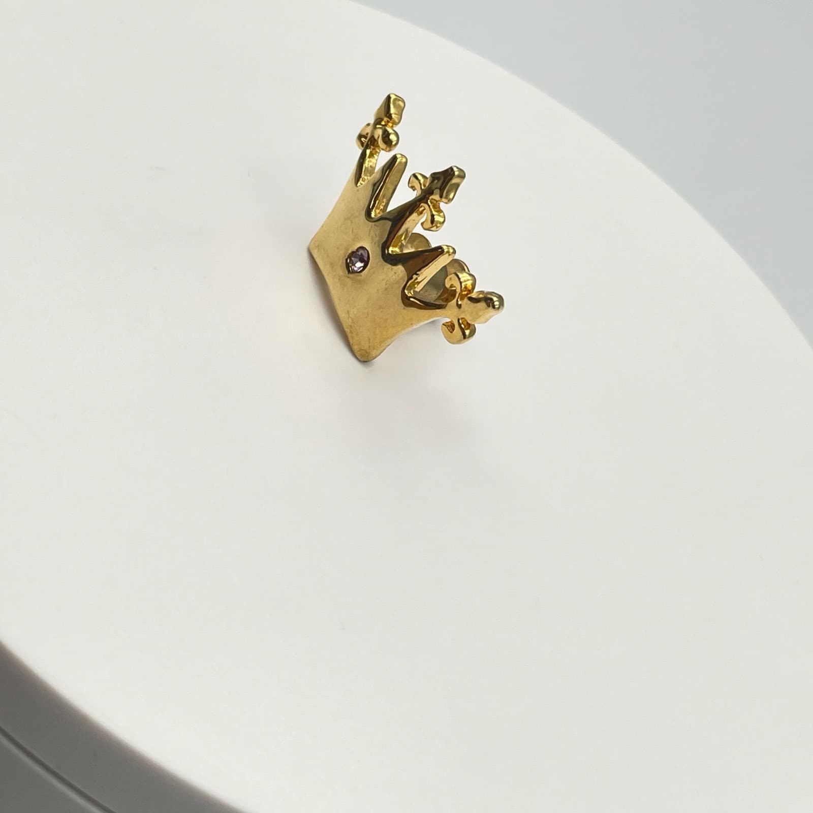 Vintage Modern Gold Tone Crown Lapel Pin Brooch Single Purple Stone Fleur-de-lis - Thumbnail 6