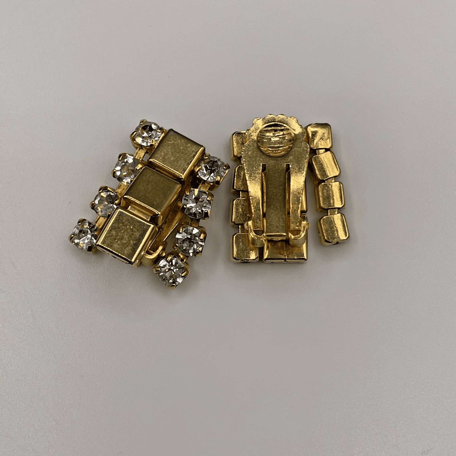 Vintage Deco Style Rectangular Shape Goldtone Rhinestone Clip Earrings - Thumbnail 3