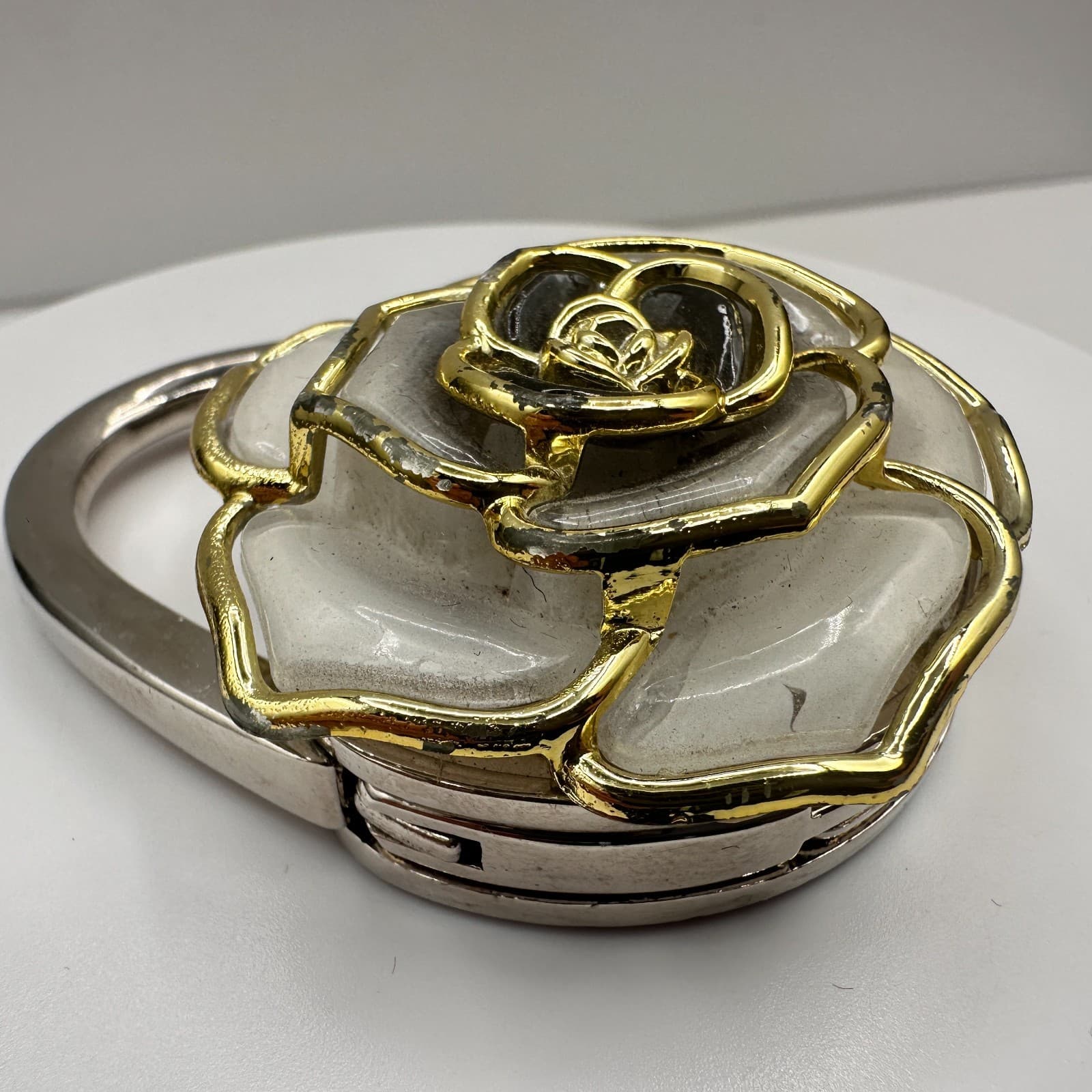 Vintage 90s Rose Purse Hook Silver Tone White & Gold Enamel Floral Bag Hanger - Thumbnail 5