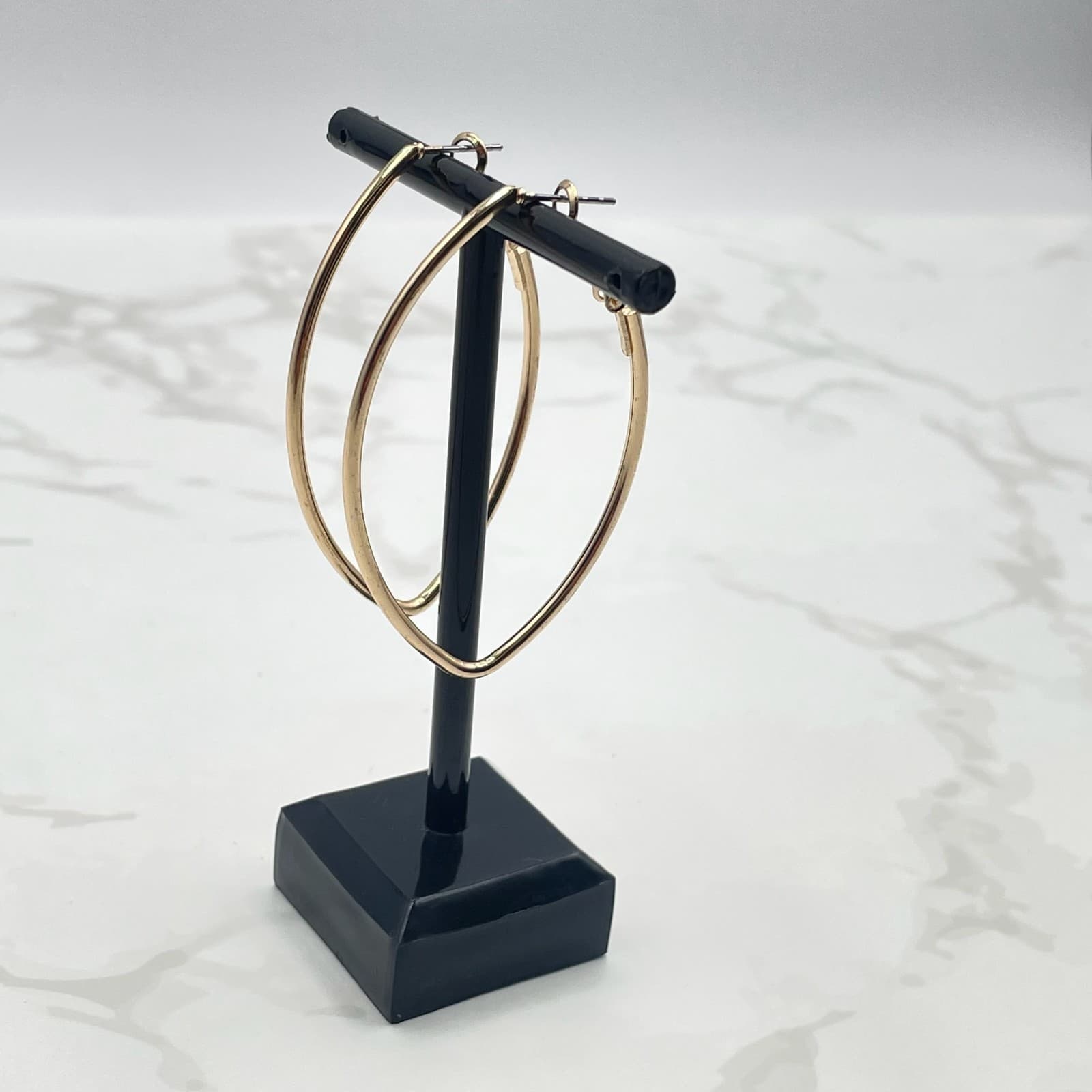 Vintage VTG Gold Tone Marquise Hoop Earrings Drop Dangle Modern Fashion Large - Thumbnail 9