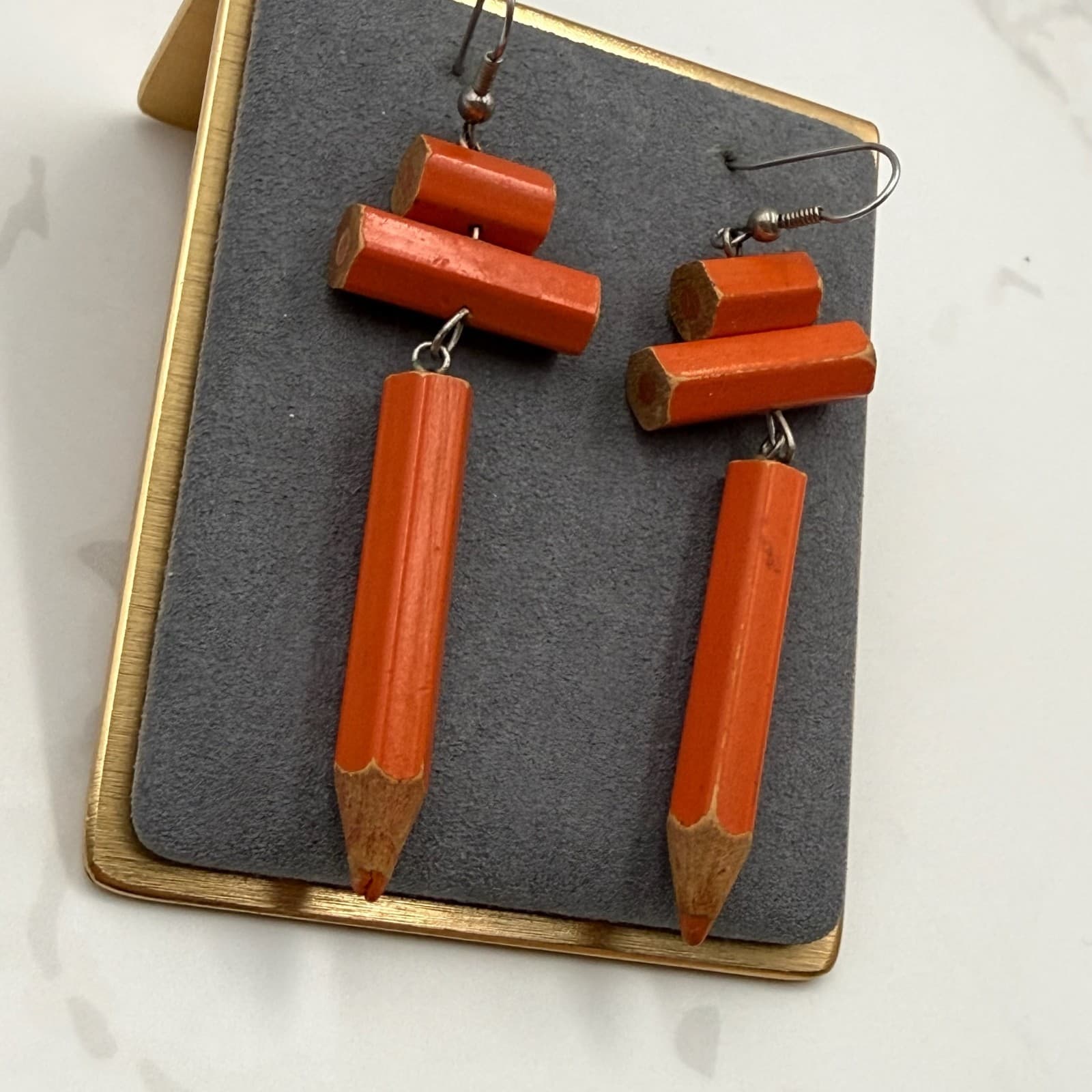 Vintage Miniature Upcycled Wooden Orange Coloring Pencils Dangle Hook Earrings - Thumbnail 3