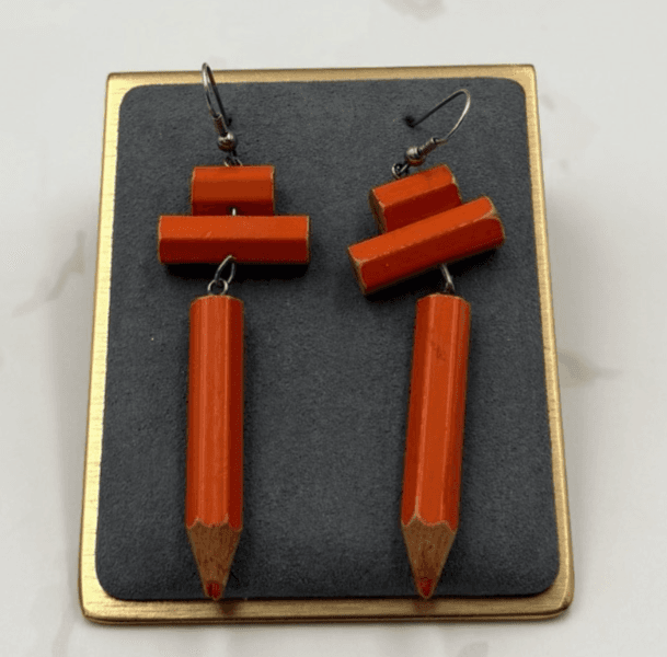 Vintage Miniature Upcycled Wooden Orange Coloring Pencils Dangle Hook Earrings - Image 1