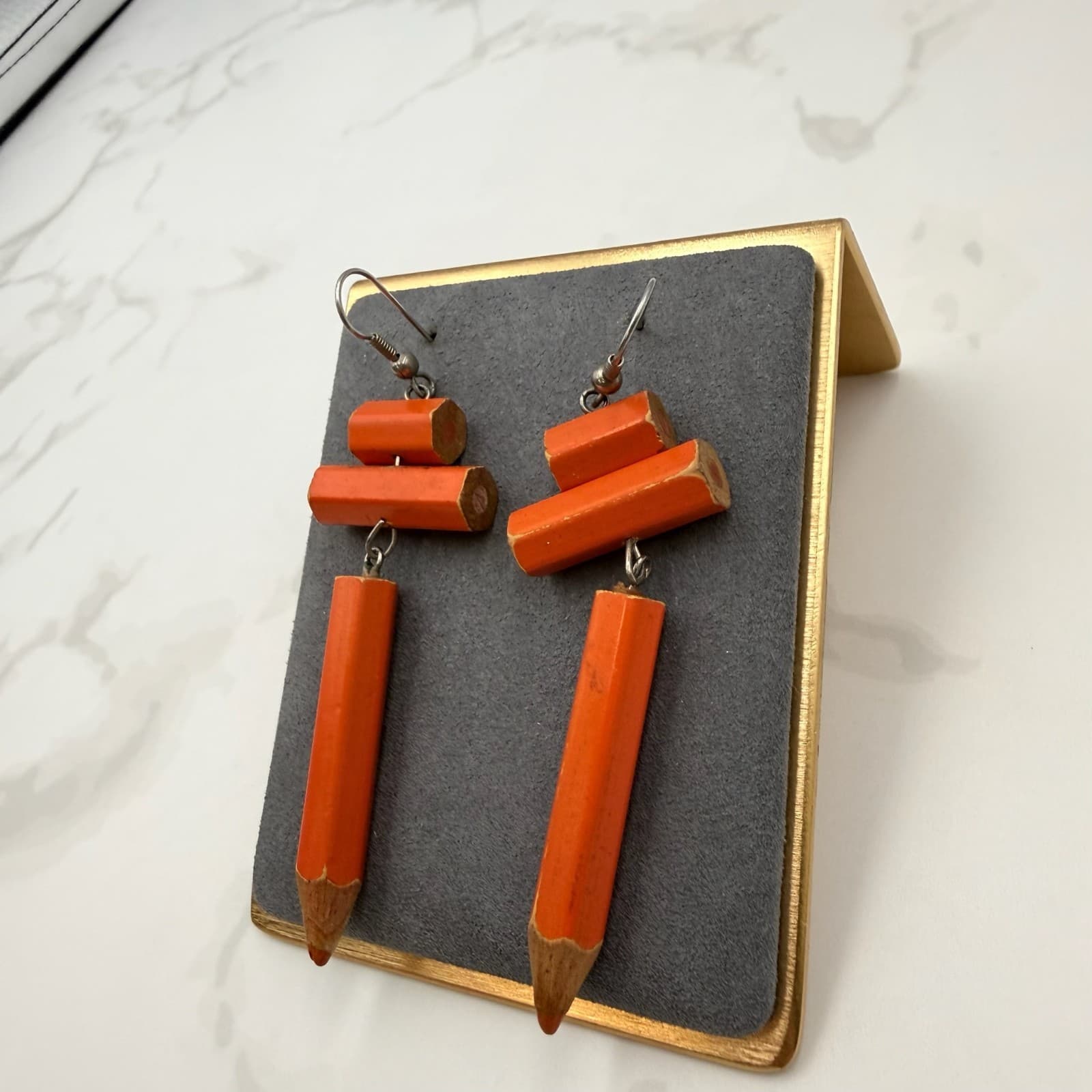 Vintage Miniature Upcycled Wooden Orange Coloring Pencils Dangle Hook Earrings - Thumbnail 2