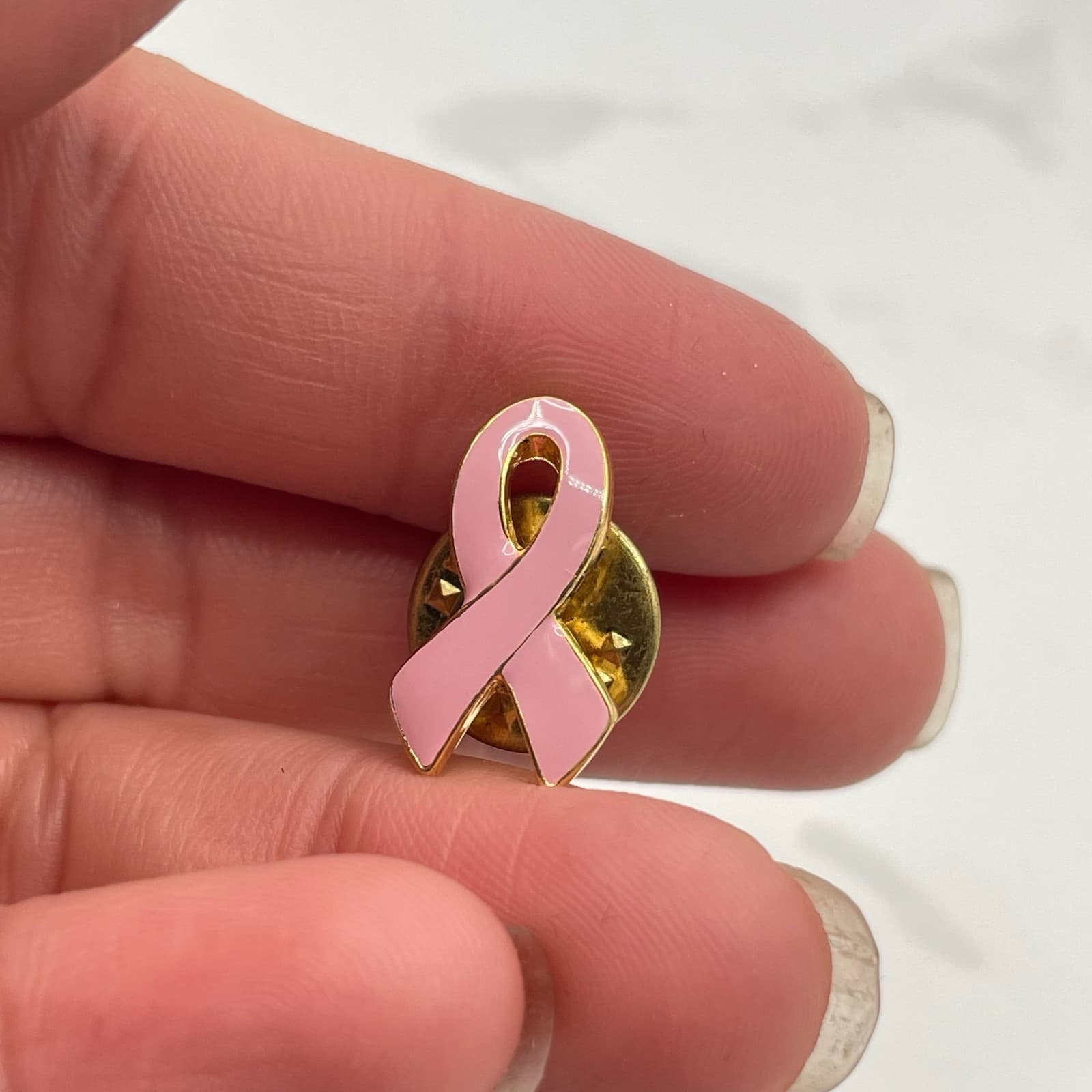 Vintage Breast Cancer Awareness Ribbon Lapel Pin Pink Enamel Gold Tone Butterfly - Image 1