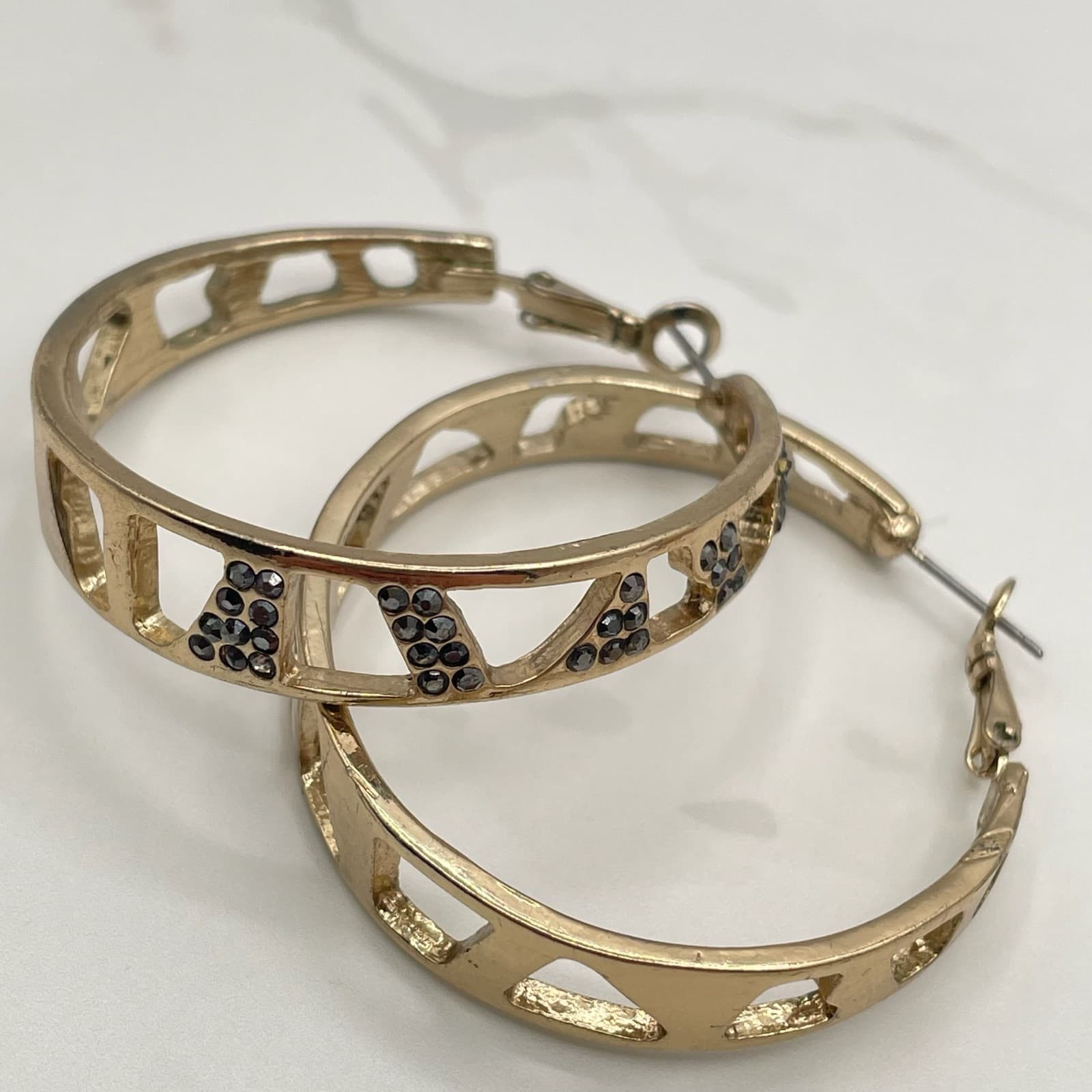Vintage Gold-Tone Fashion Statement Cutout Hoop Earrings Black Crystal Accents - Image 1