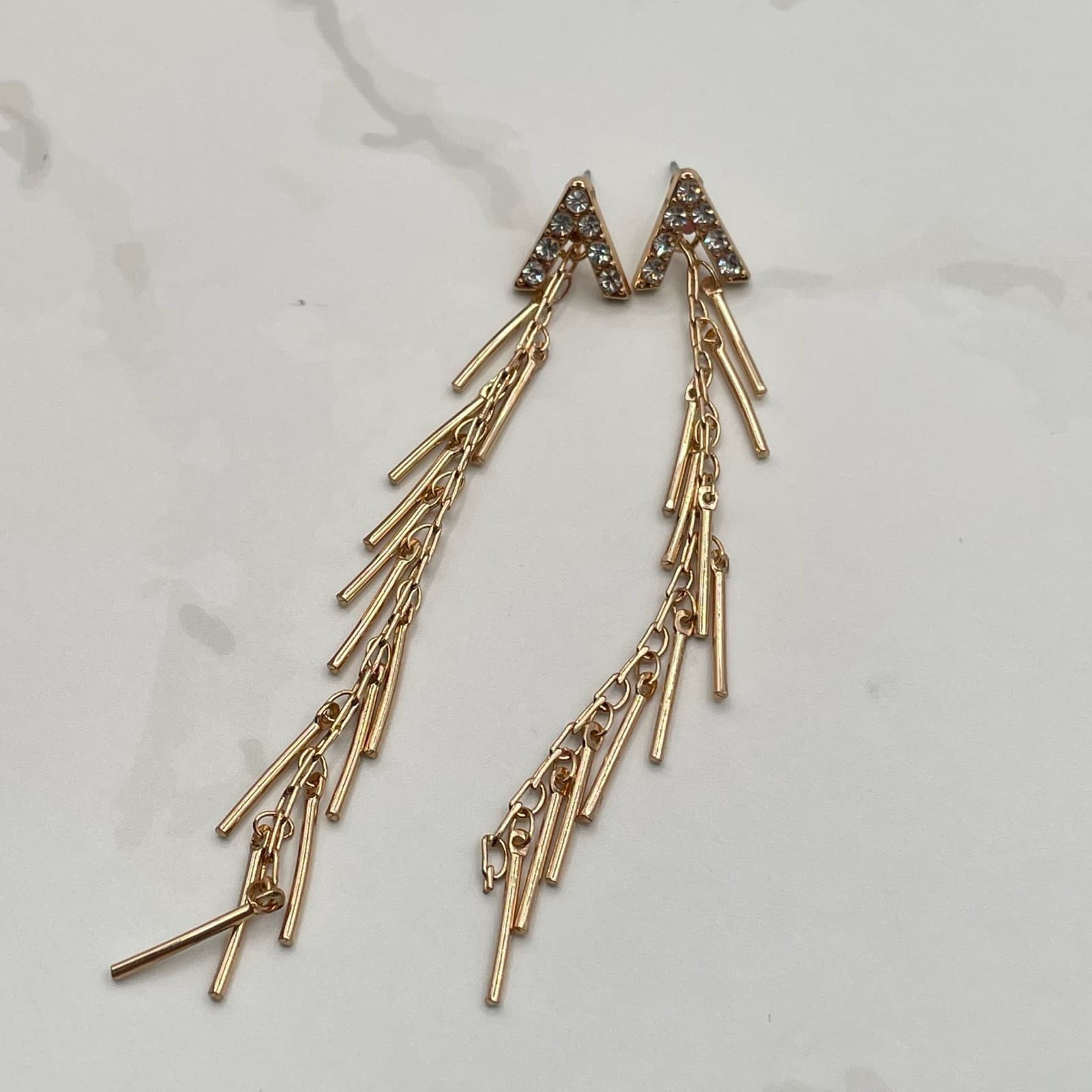 Vintage Gold-Tone Linear Landmark Fringe Post Earrings with Rhinestones Fashion - Thumbnail 13